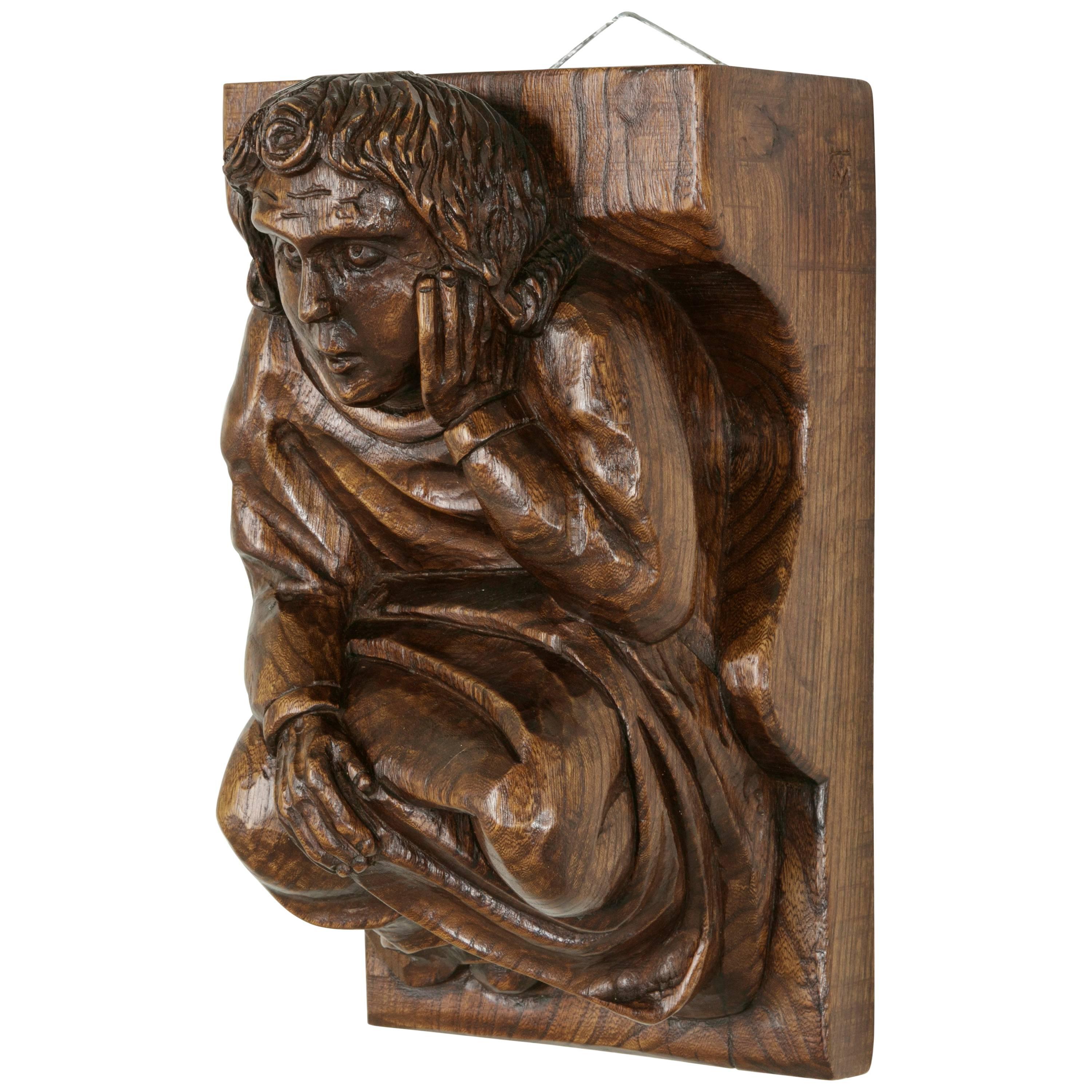Mid-20th Century French Hand-Carved Elm Wall Sconce or Bracket with Medieval Man