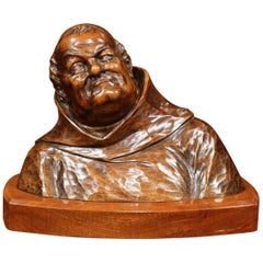 Mid-20th Century French Hand Carved Walnut Monk Bust in Cassock