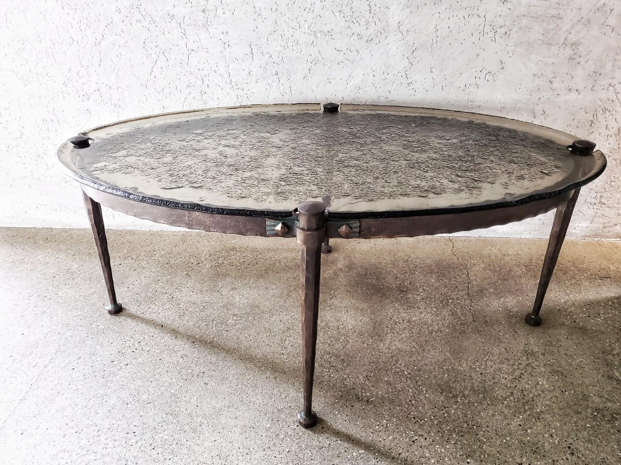 Metal Mid-20th Century French Hand Forged Iron and Custom Water Glass Coffee Table  For Sale