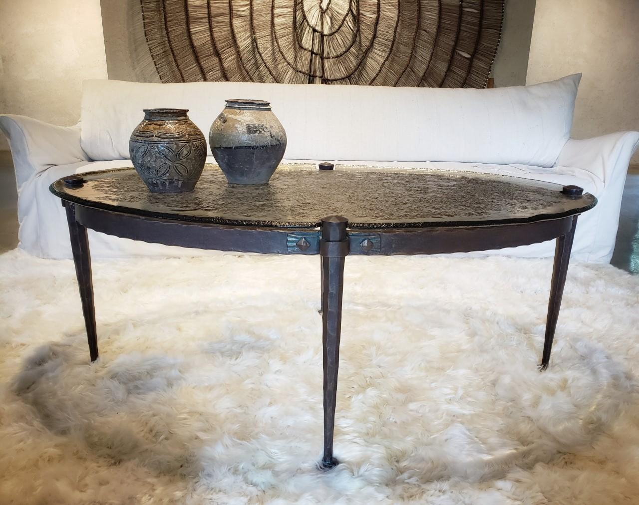 Mid-20th Century French Hand Forged Iron and Custom Water Glass Coffee Table  For Sale 2