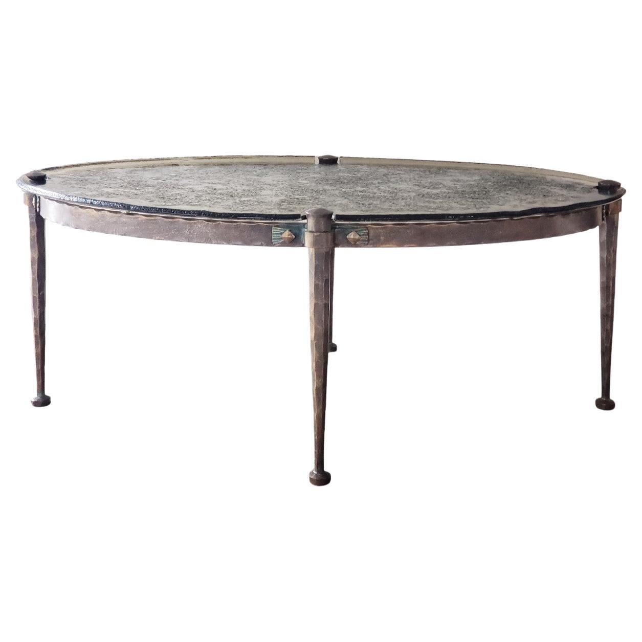 Mid-20th Century French Hand Forged Iron and Custom Water Glass Coffee Table 