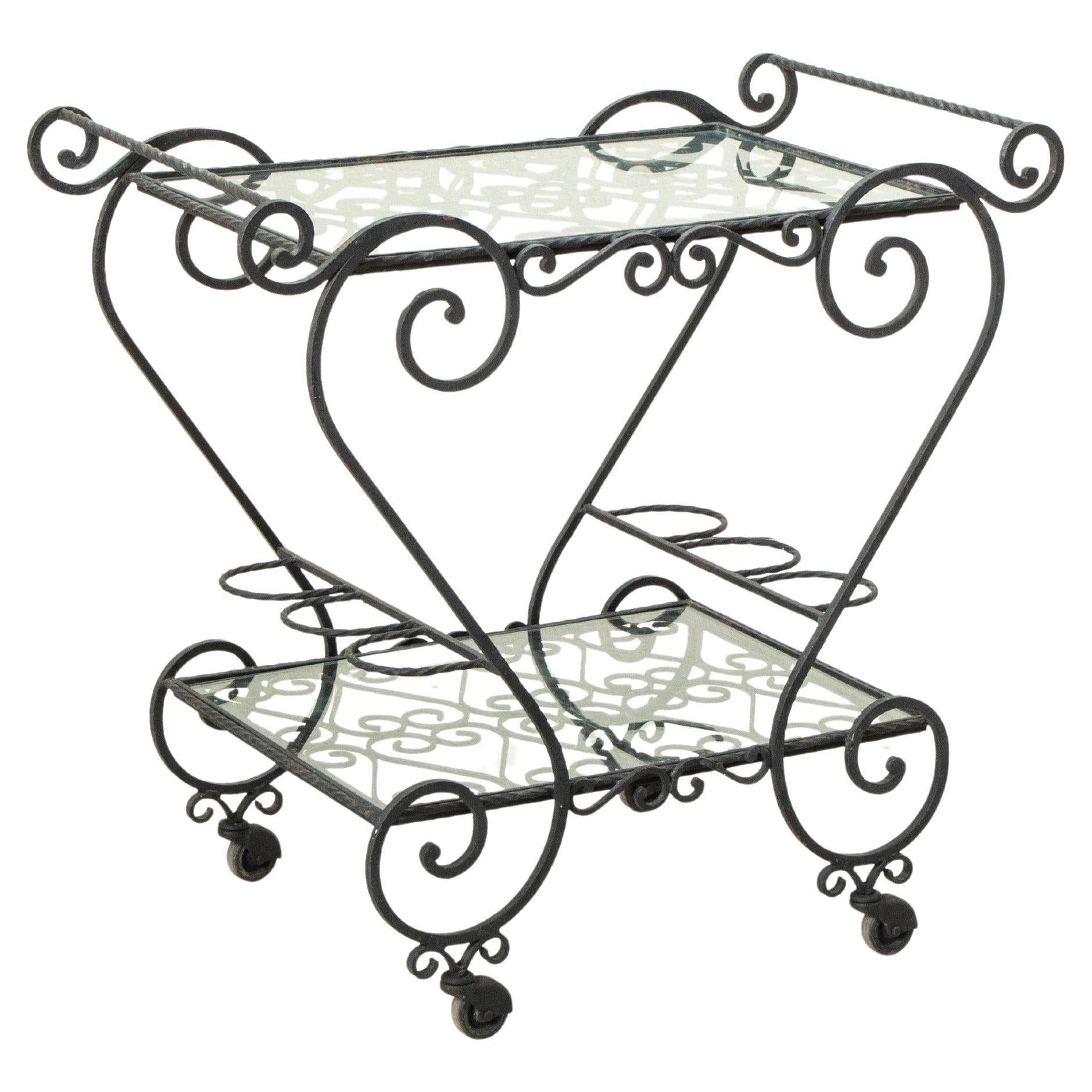 Mid-20th Century French Hand Forged Iron Bar Cart with Glass Shelves