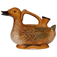 Mid-20th Century French Hand Painted Barbotine Duck Water Pitcher