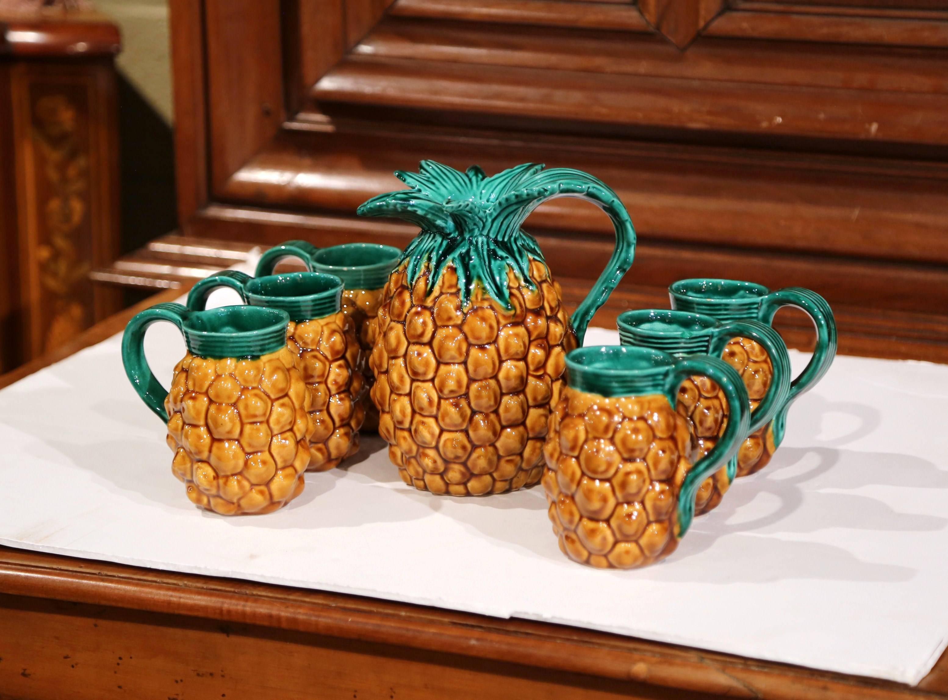 Hand-Crafted Mid-20th Century French Hand-Painted Barbotine Pineapple Bar Set from Vallauris