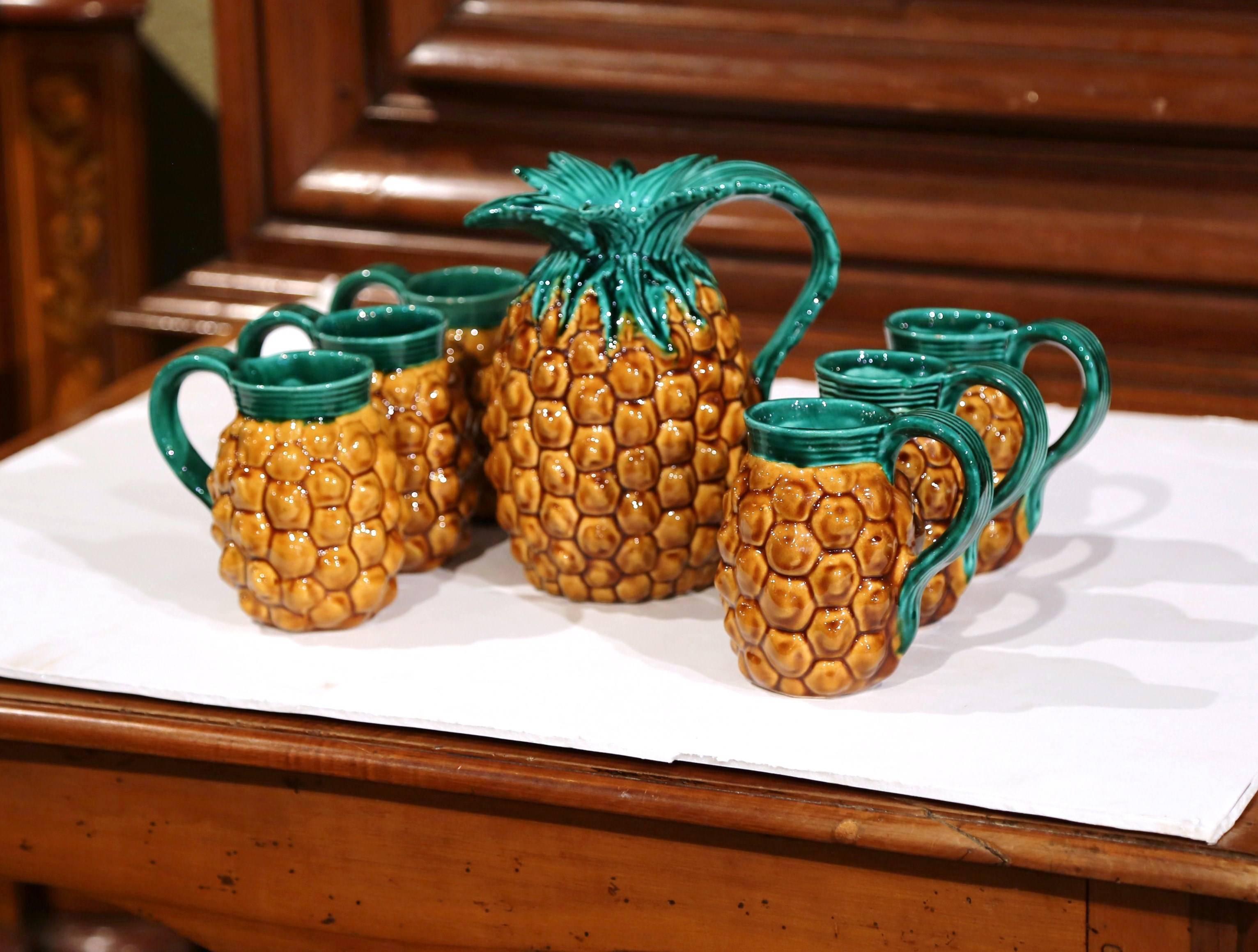 Ceramic Mid-20th Century French Hand-Painted Barbotine Pineapple Bar Set from Vallauris