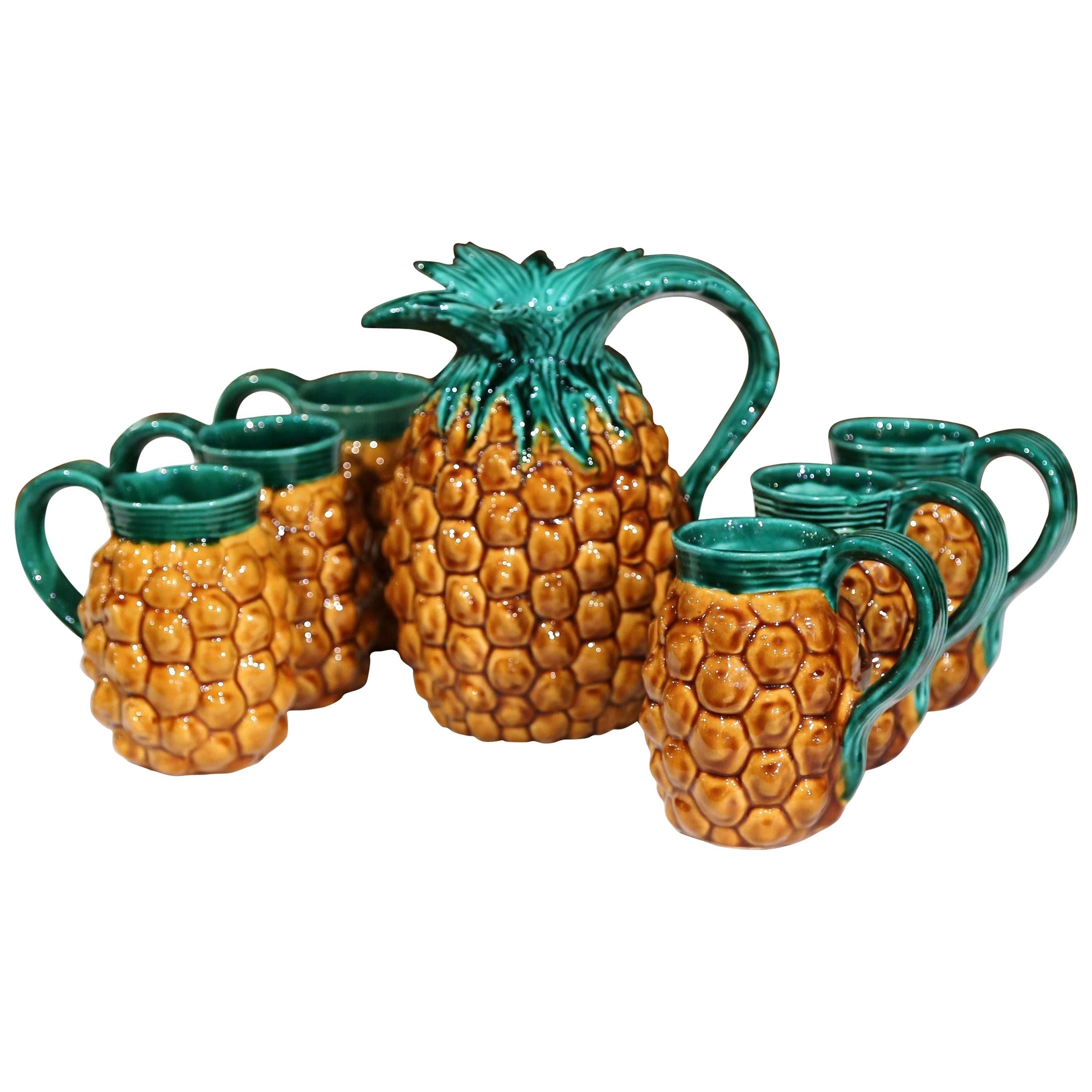 Mid-20th Century French Hand-Painted Barbotine Pineapple Bar Set from Vallauris