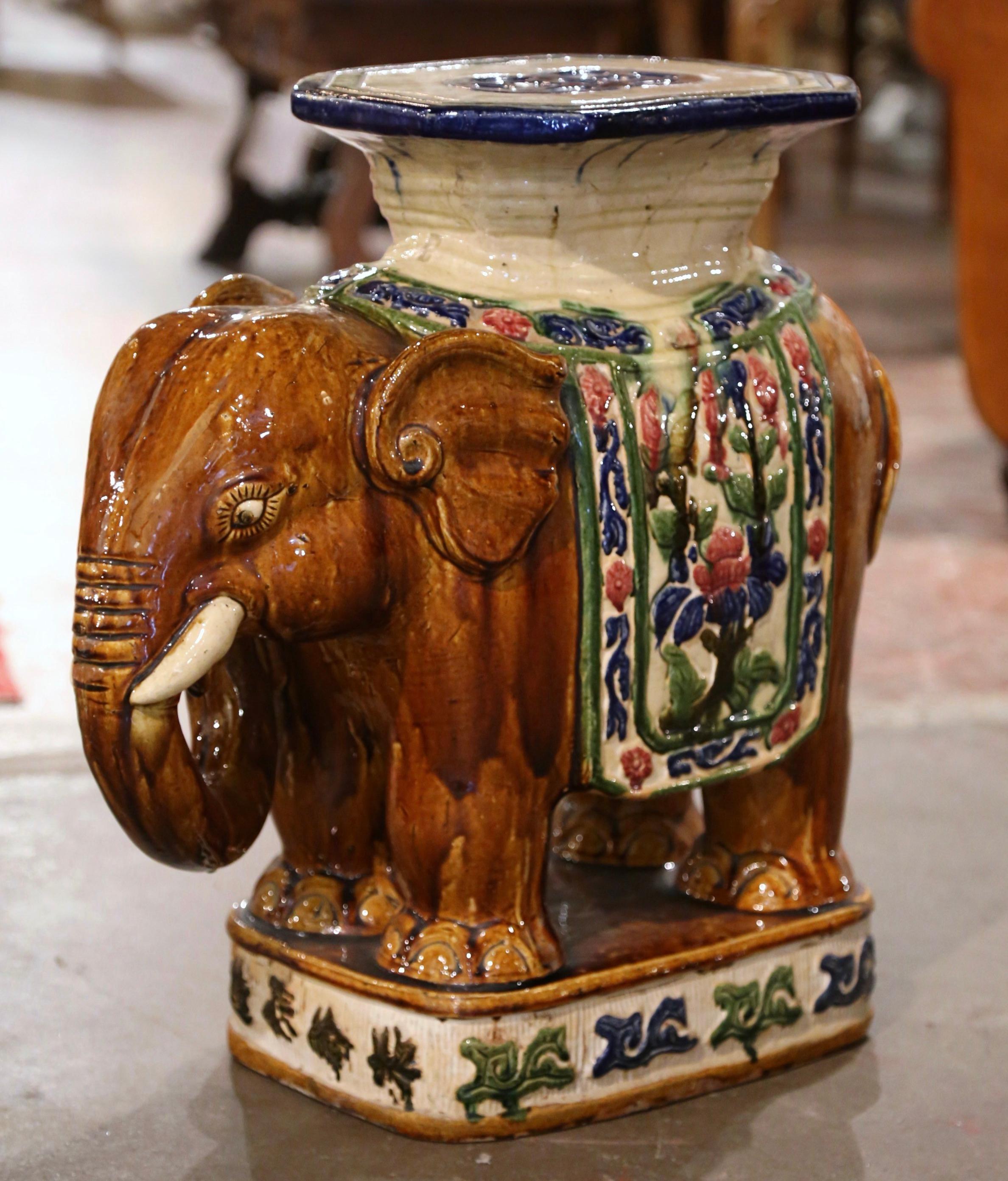 Mid-20th Century French Hand Painted Faience Brown Elephant Garden Seat In Excellent Condition In Dallas, TX