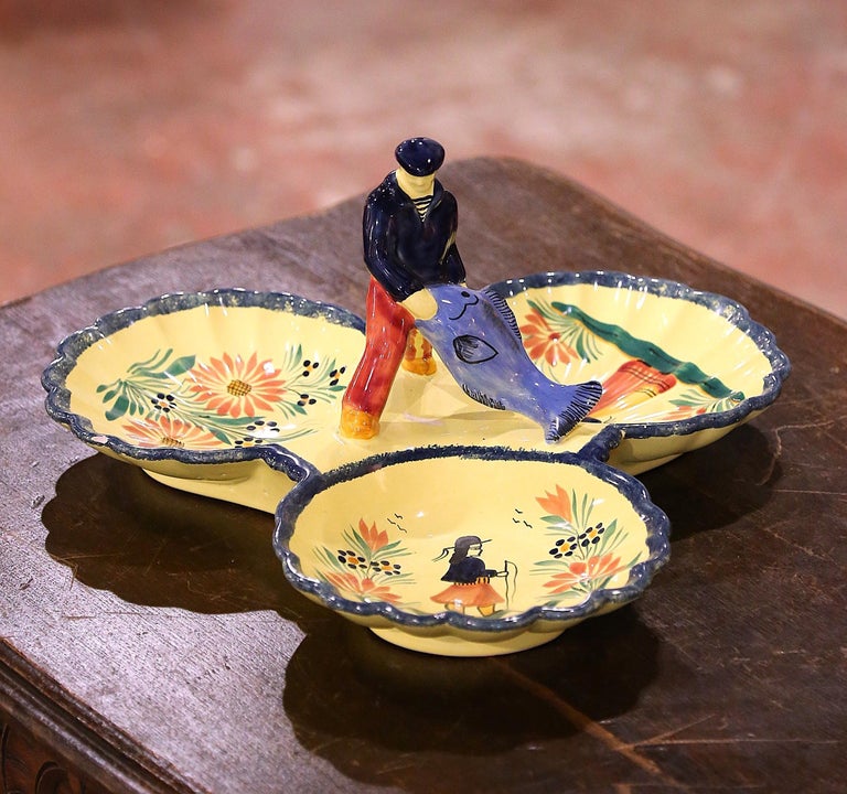 Mid-20th Century French Hand Painted Faience Dish Signed HB