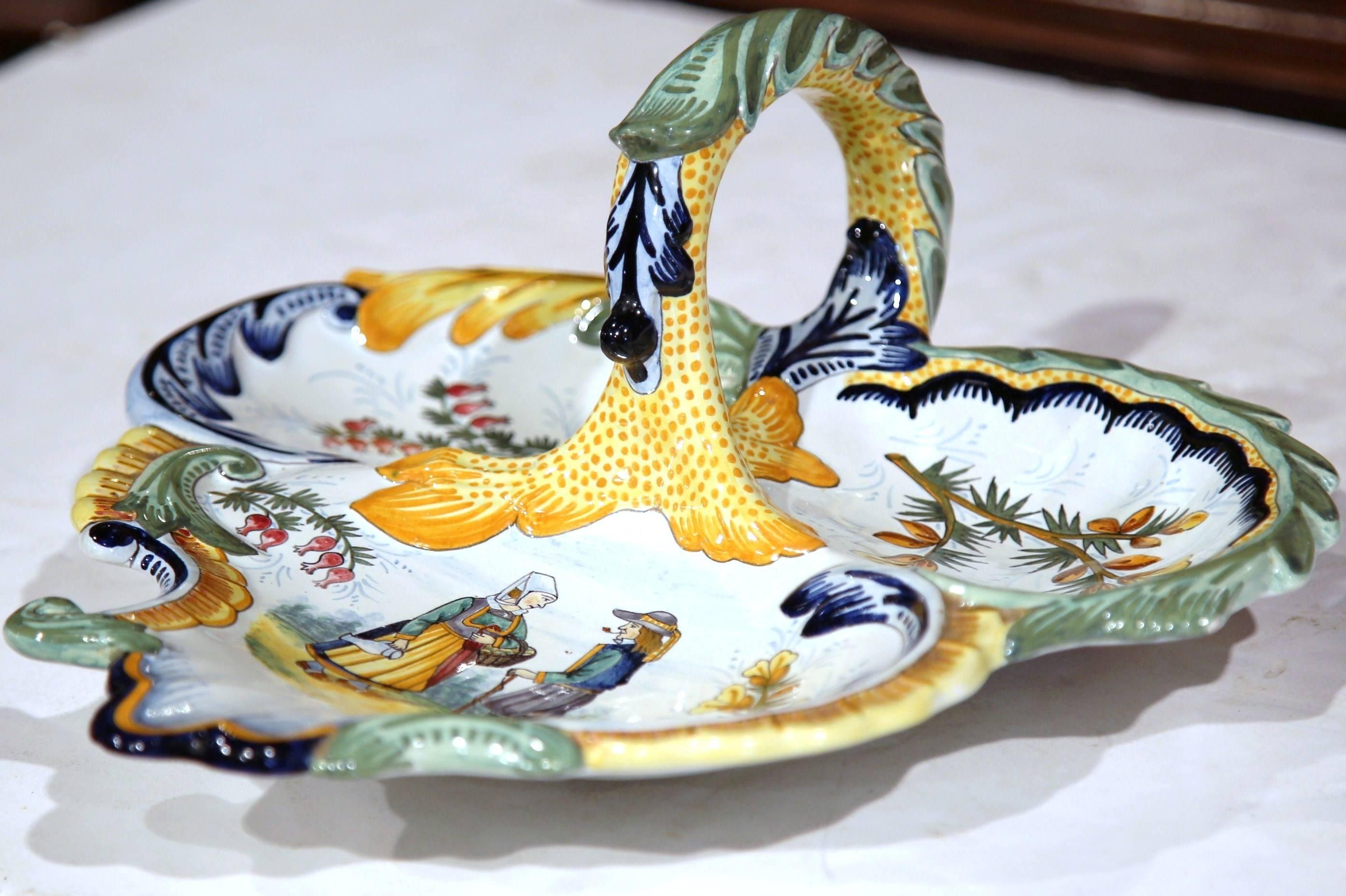 Hand-Painted Mid-20th Century French Hand Painted Faience Dish Signed Henriot Quimper