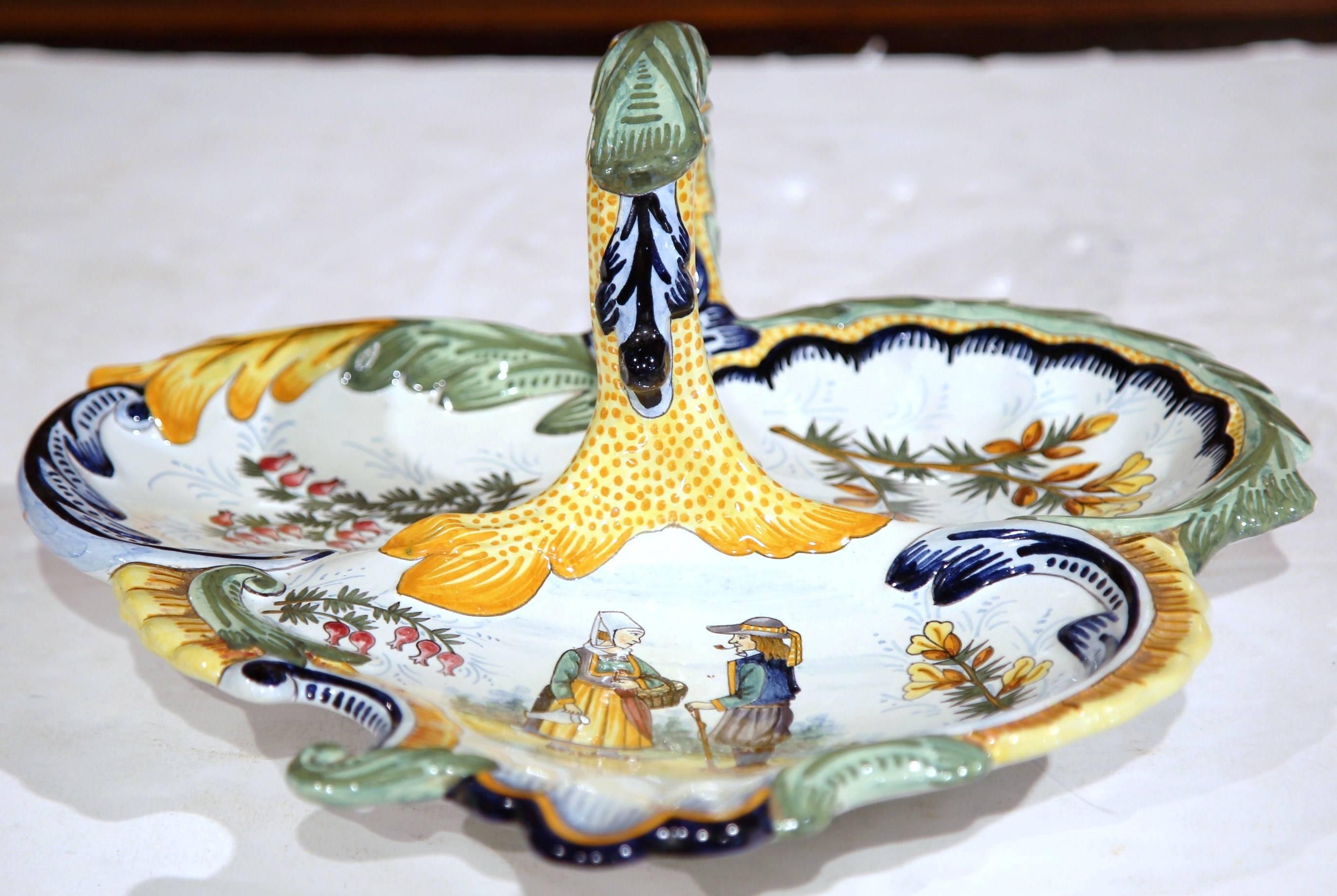 Mid-20th Century French Hand Painted Faience Dish Signed Henriot Quimper 1