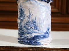 Mid-20th Century French Hand-Painted Faience Vase Delft Style with Windmill