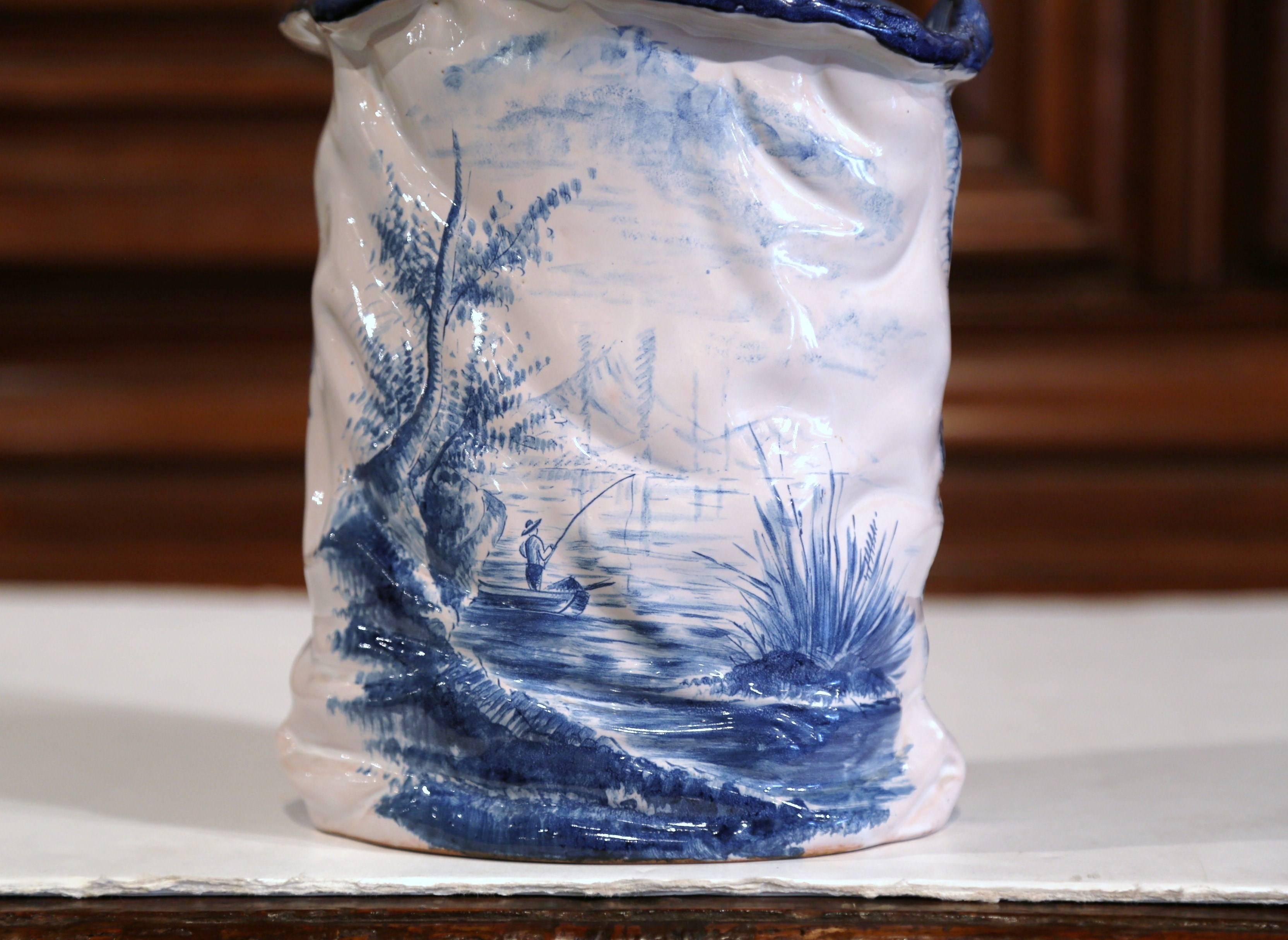 Mid-20th Century French Hand-Painted Faience Vase Delft Style with Windmill In Excellent Condition In Dallas, TX