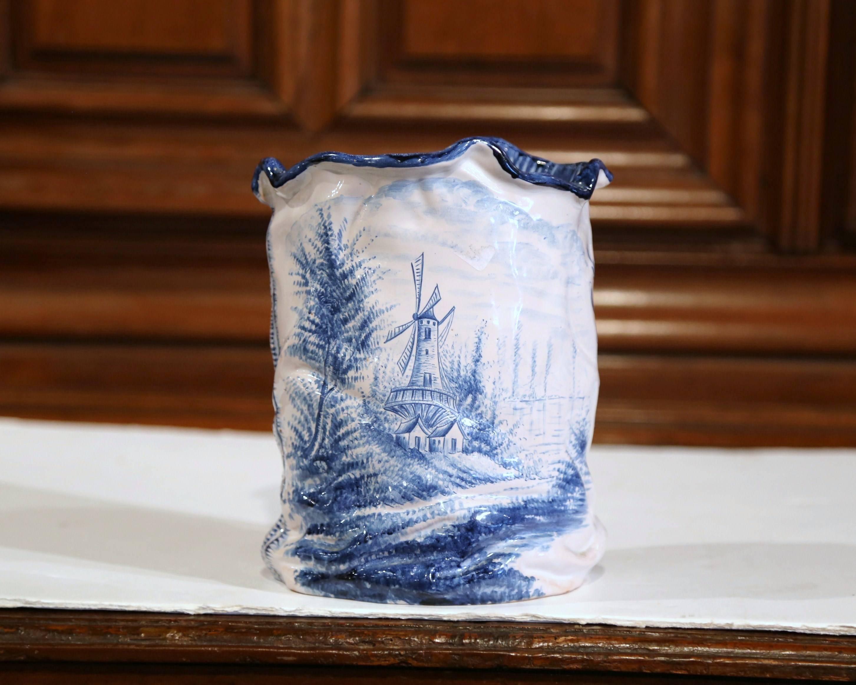 Mid-20th Century French Hand-Painted Faience Vase Delft Style with Windmill 1