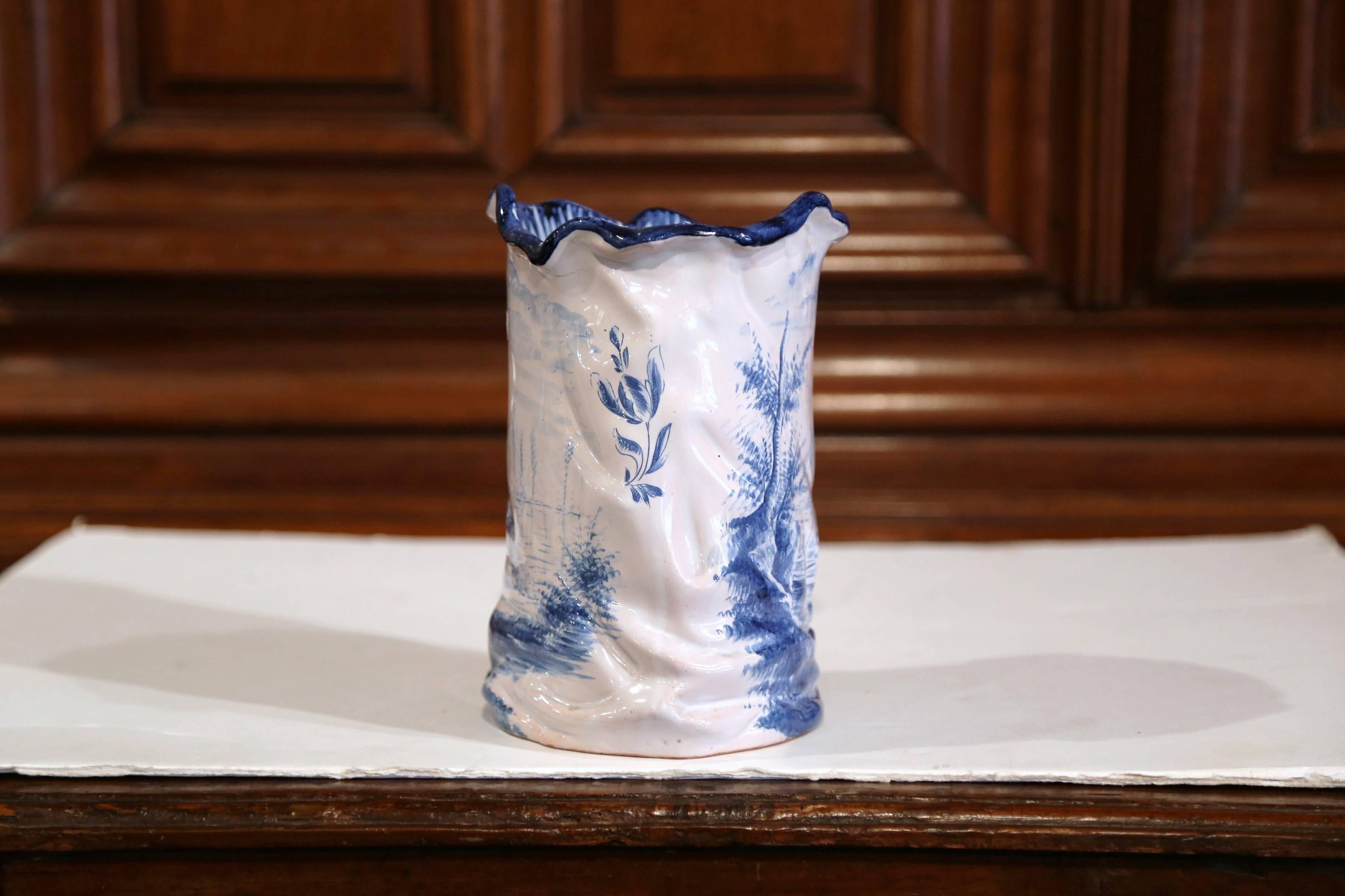 Mid-20th Century French Hand-Painted Faience Vase Delft Style with Windmill 3