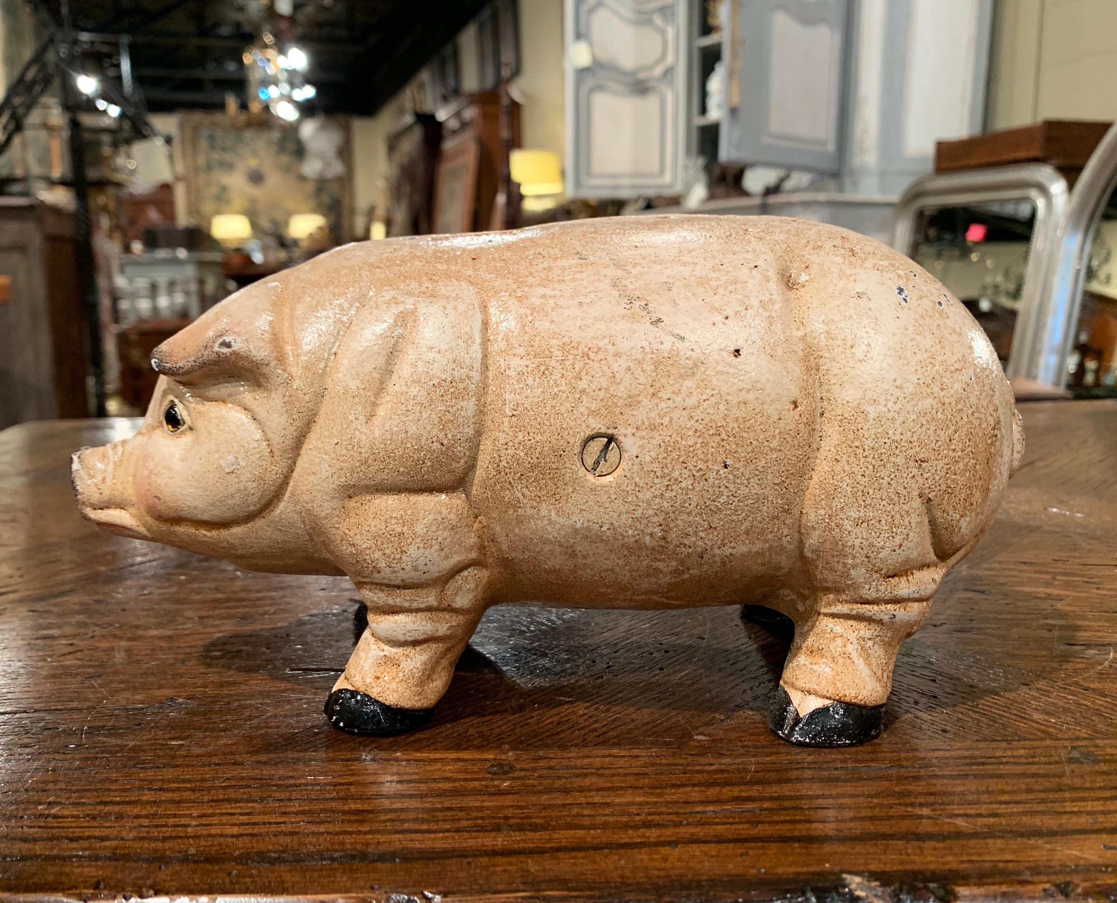 Mid-20th Century French Hand Painted Iron Piggy Bank Sculpture In Excellent Condition In Dallas, TX