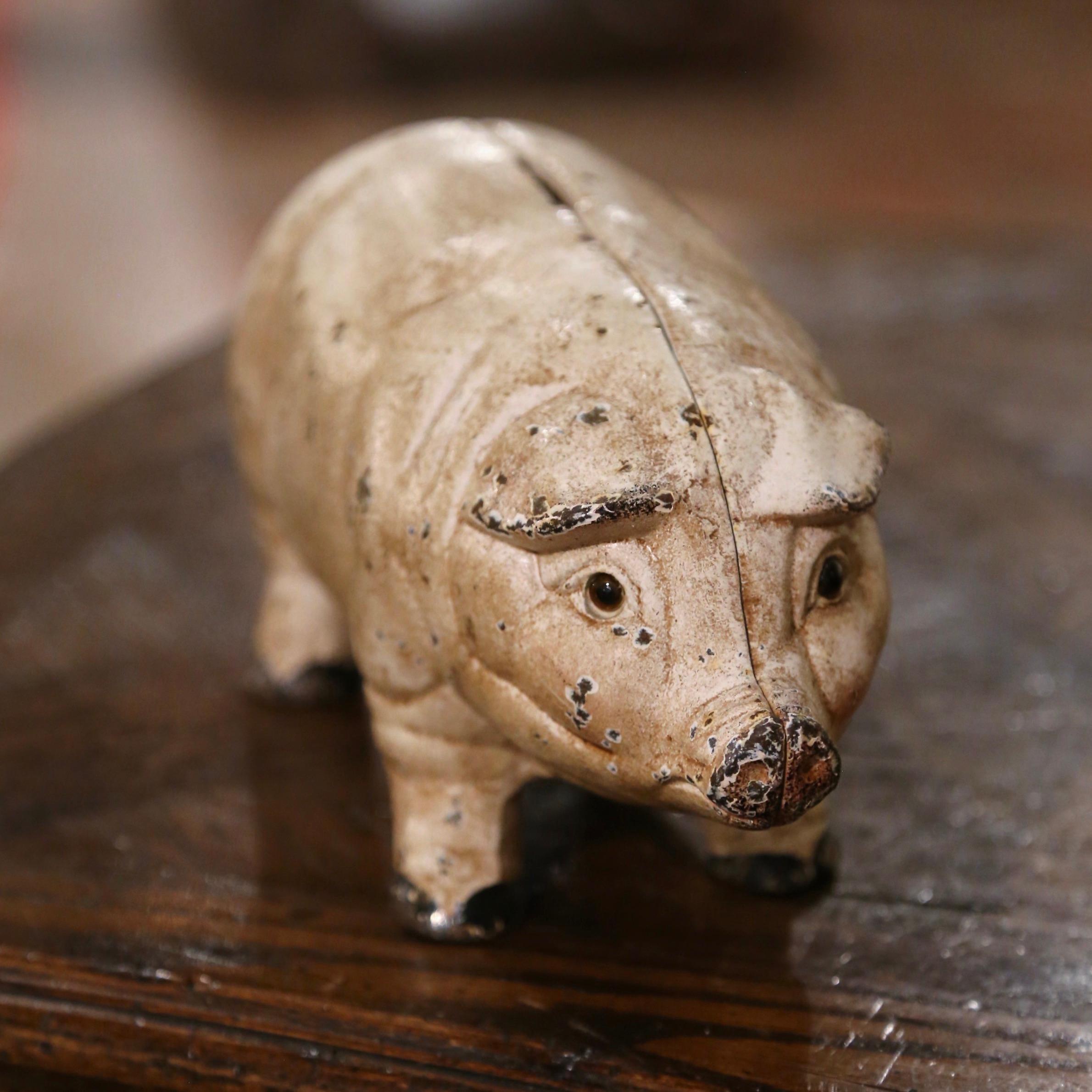 Hand-Painted Mid-20th Century, French, Hand Painted Iron Piggy Bank Sculpture For Sale