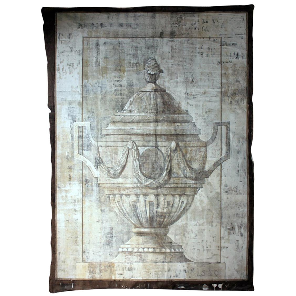 Mid 20th Century French Hand-Painted Trompe L'oeil Theatre Canvas Linen Backdrop