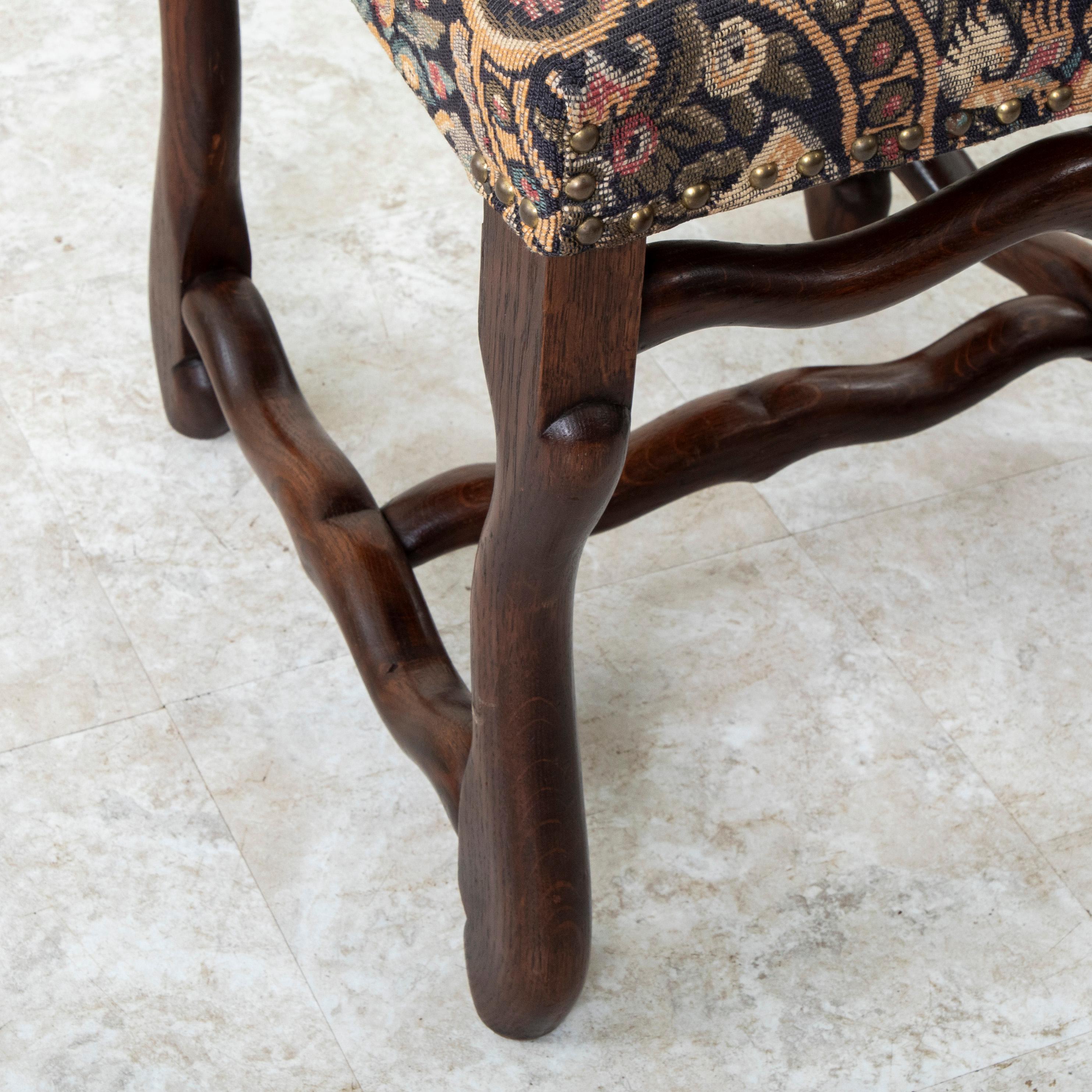 Mid-20th Century French Hand Pegged Oak Mutton Leg Chairs, Tapestry Upholstery 12