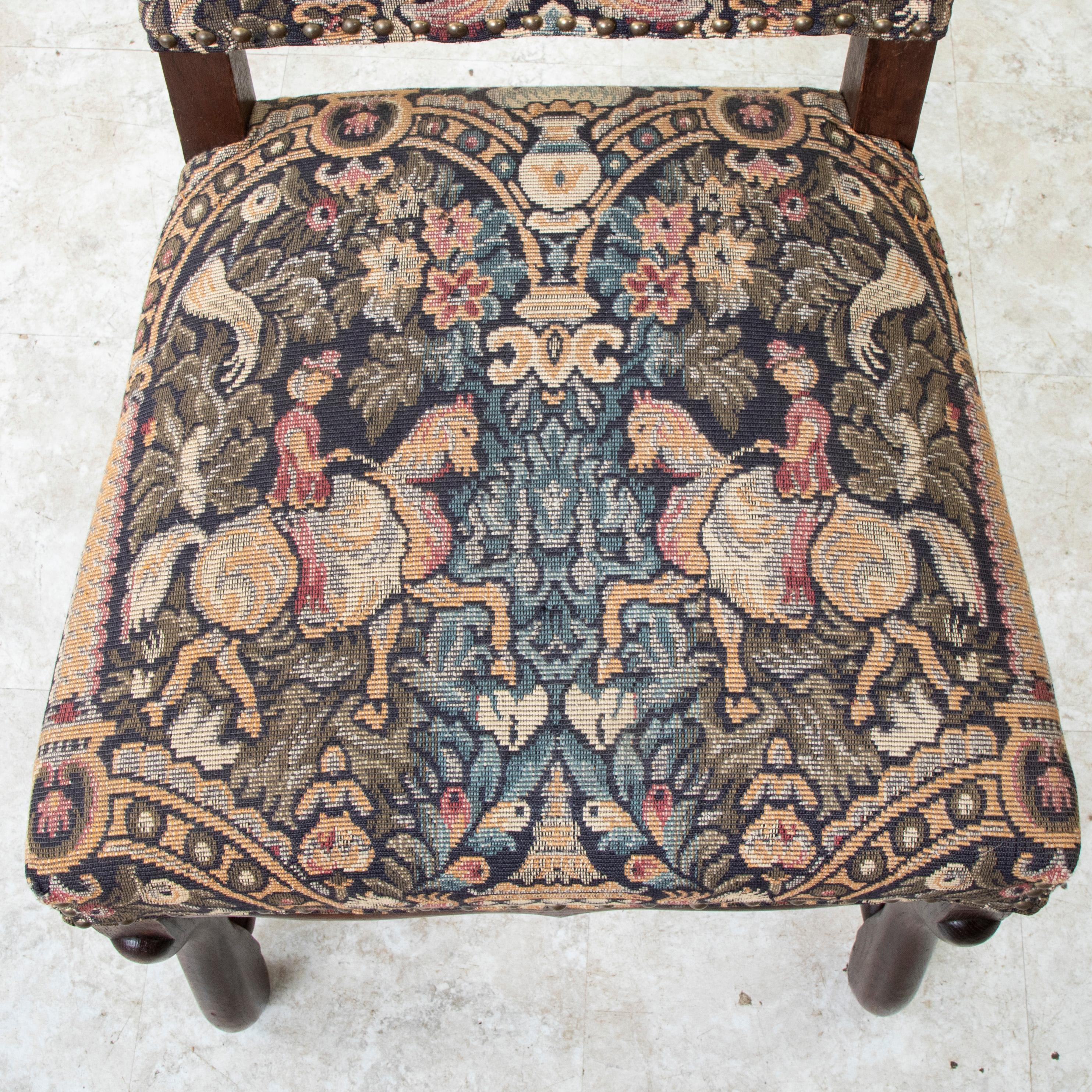 Mid-20th Century French Hand Pegged Oak Mutton Leg Chairs, Tapestry Upholstery 14