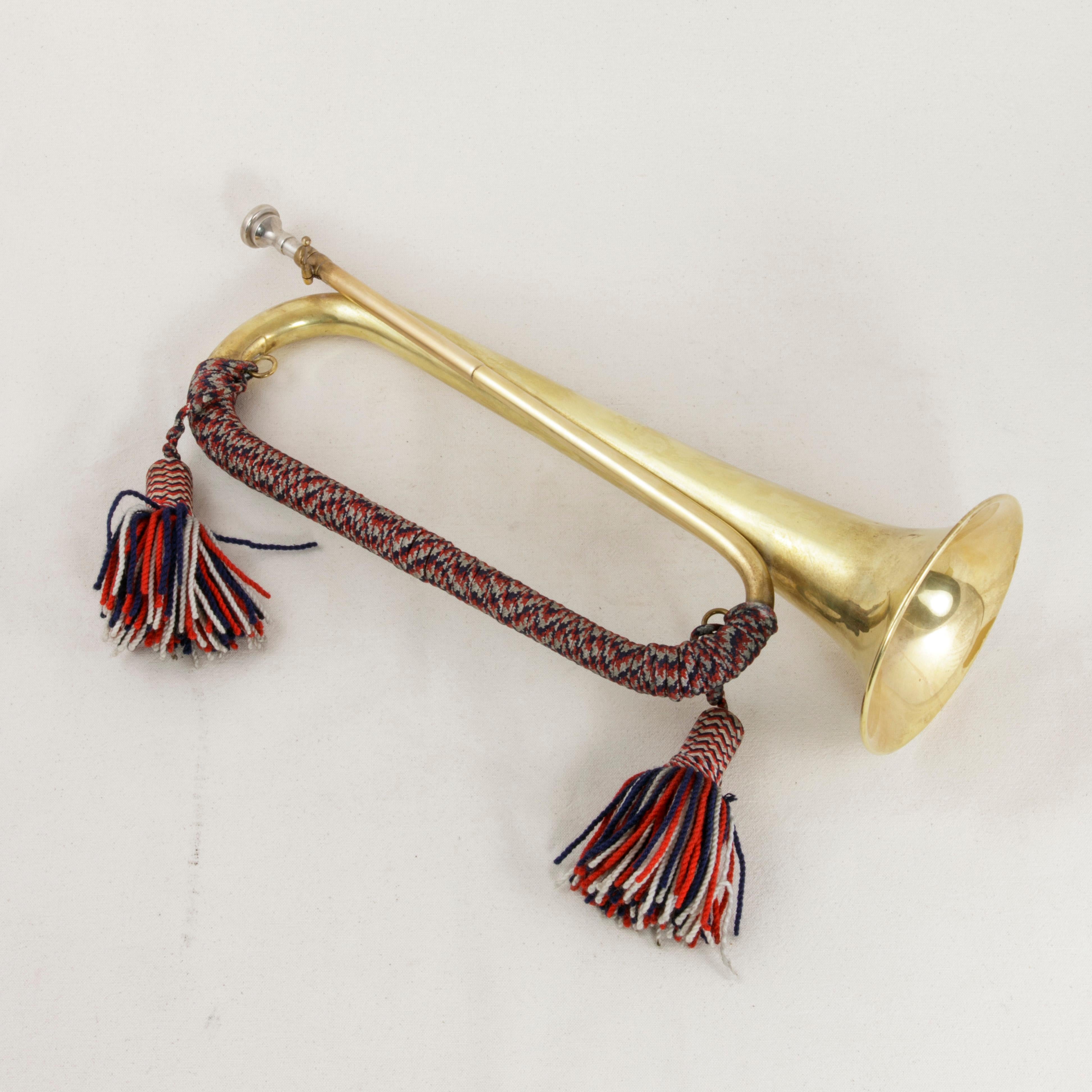 Mid-20th Century French Henri Selmer Brass Military Bugle with Tri-Colored Cord In Good Condition In Fayetteville, AR