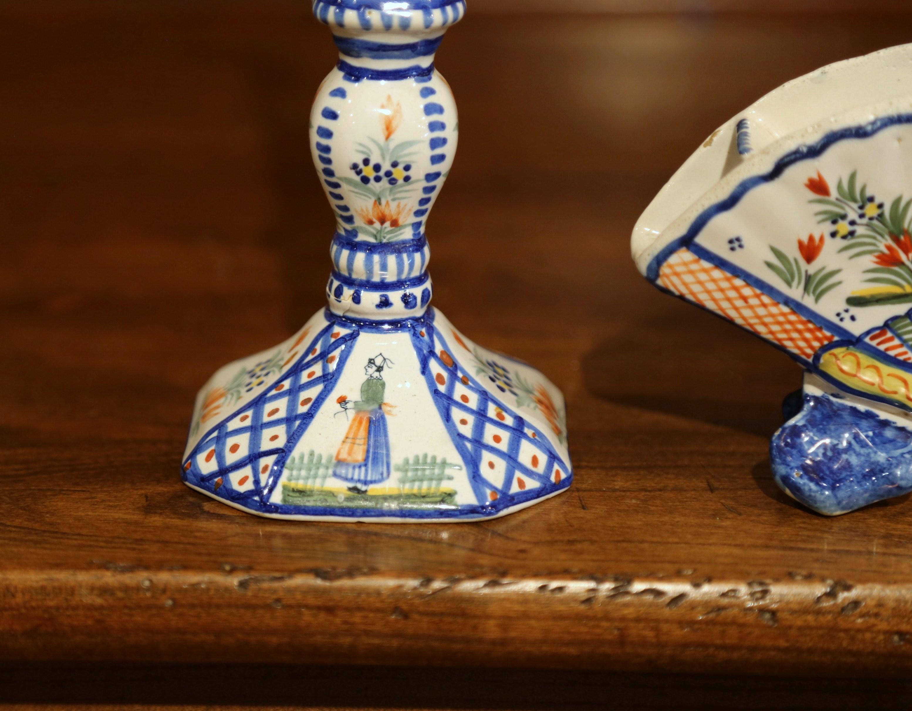20th Century French Faience Pair of Candlesticks with Vase from Henriot Quimper For Sale 7