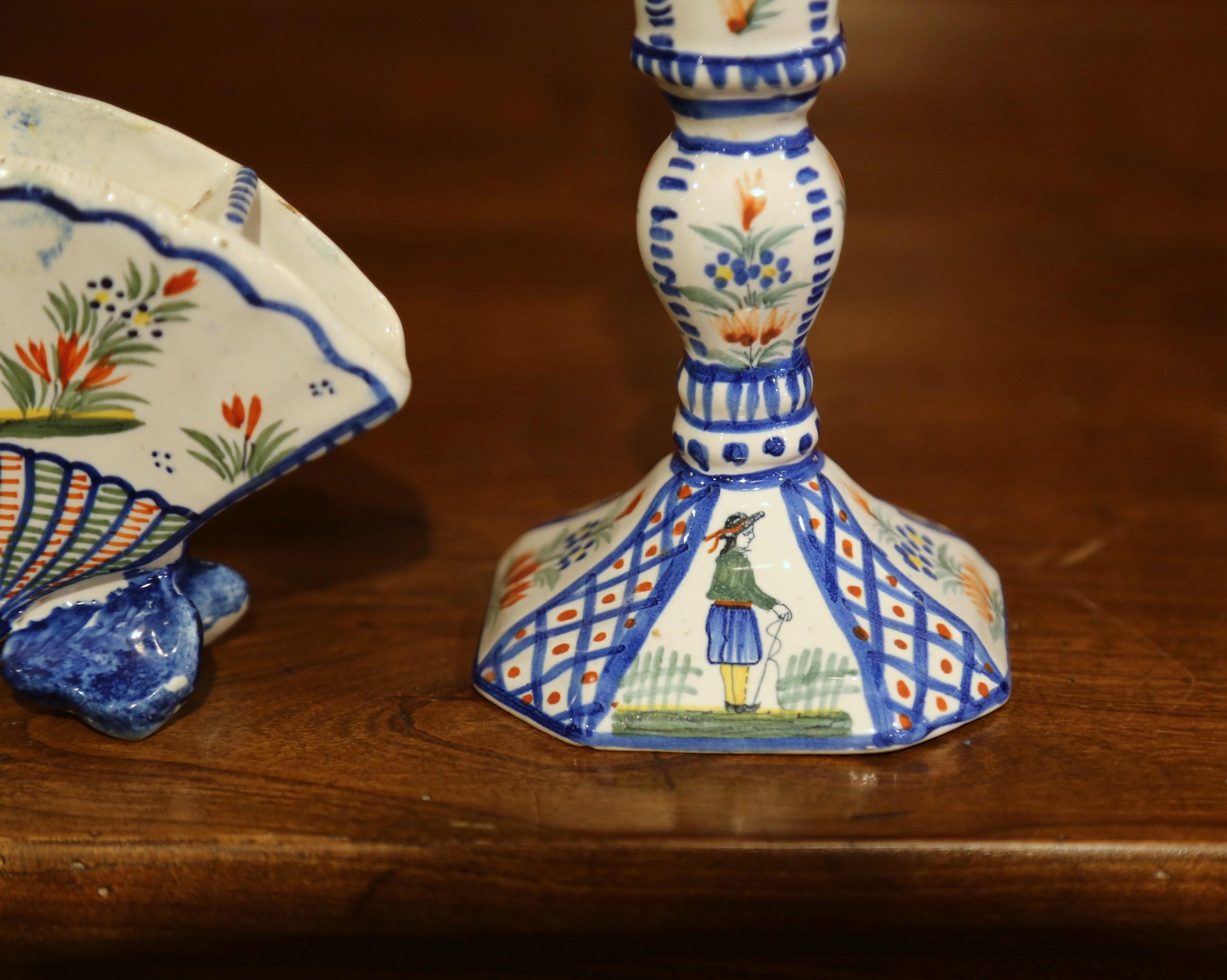 20th Century French Faience Pair of Candlesticks with Vase from Henriot Quimper For Sale 8