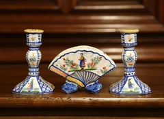 20th Century French Faience Pair of Candlesticks with Vase from Henriot Quimper