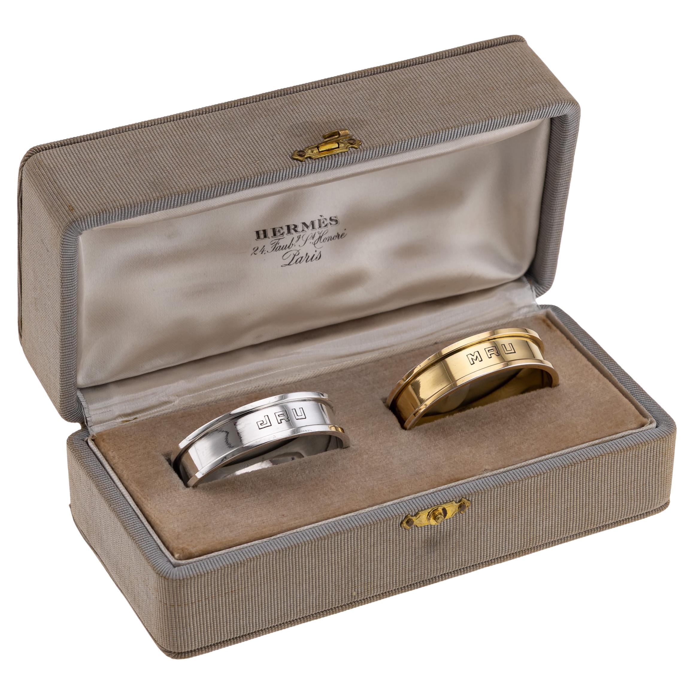 Mid 20th Century French Hermes Solid Silver Gilt Napkin Ring Set c.1960 For Sale