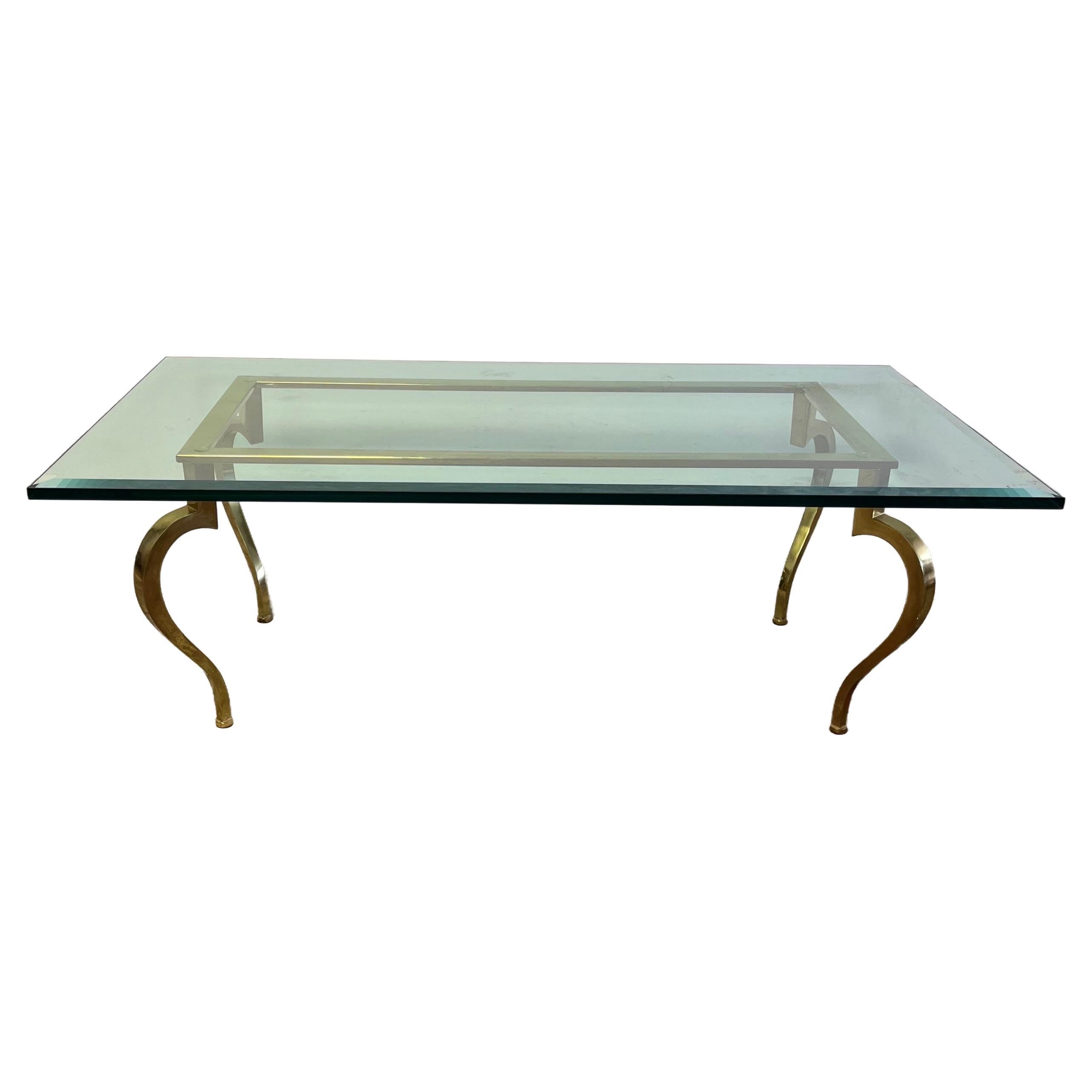Mid 20th Century French Hollywood Regency Brass Bronze Coffee Table with Cabriol For Sale