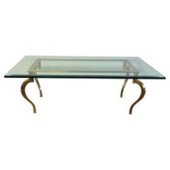 Vintage Mid 20th Century French Hollywood Regency Brass Bronze Coffee Table with Cabriol