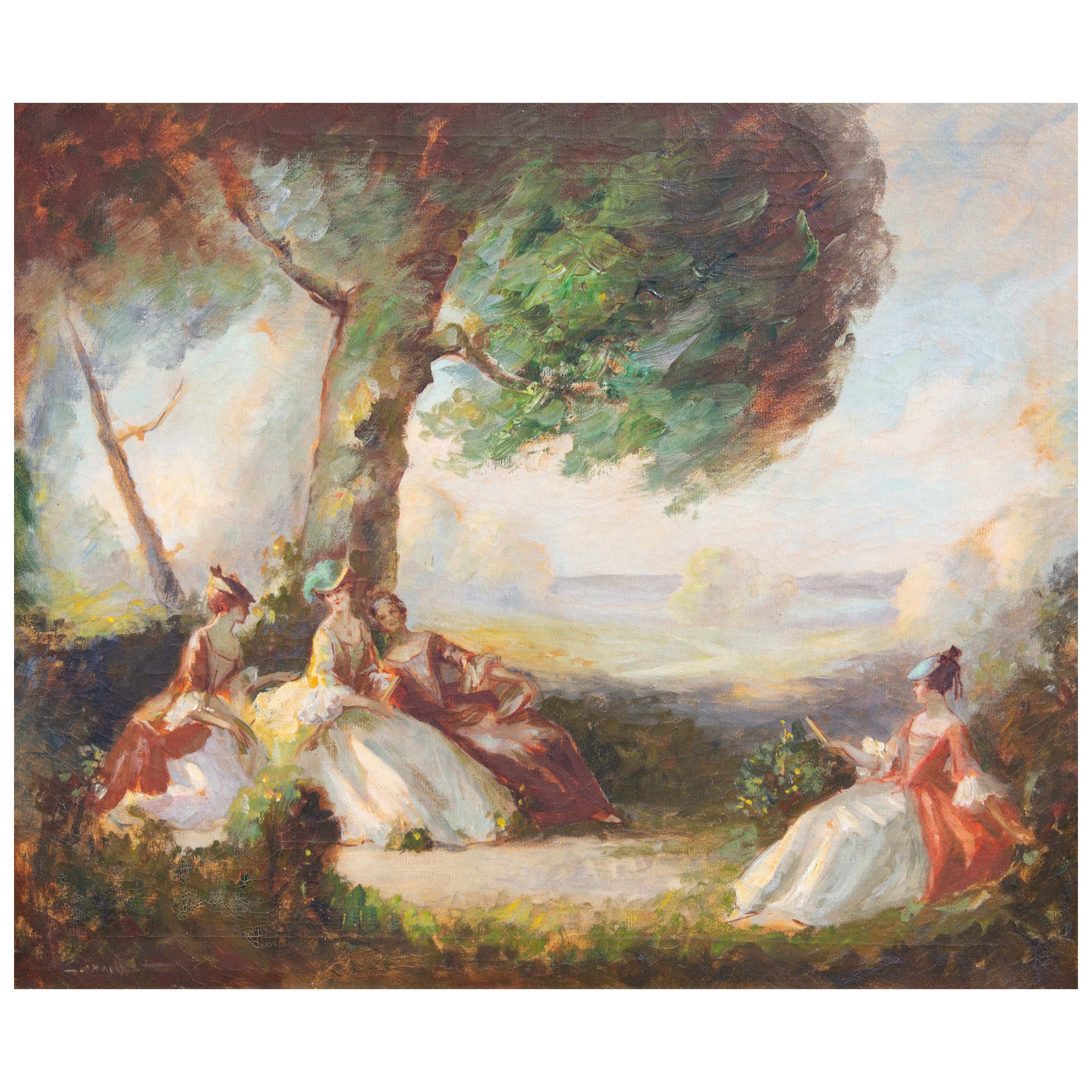 Mid 20th Century French Impressionist Style Garden Scene Oil Painting, Framed