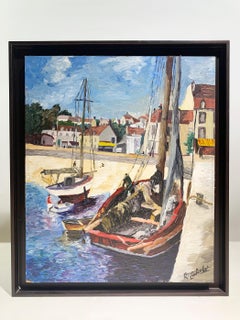 Mid-20th Century French Impressionist Style Harbor Scene Painting, Signed