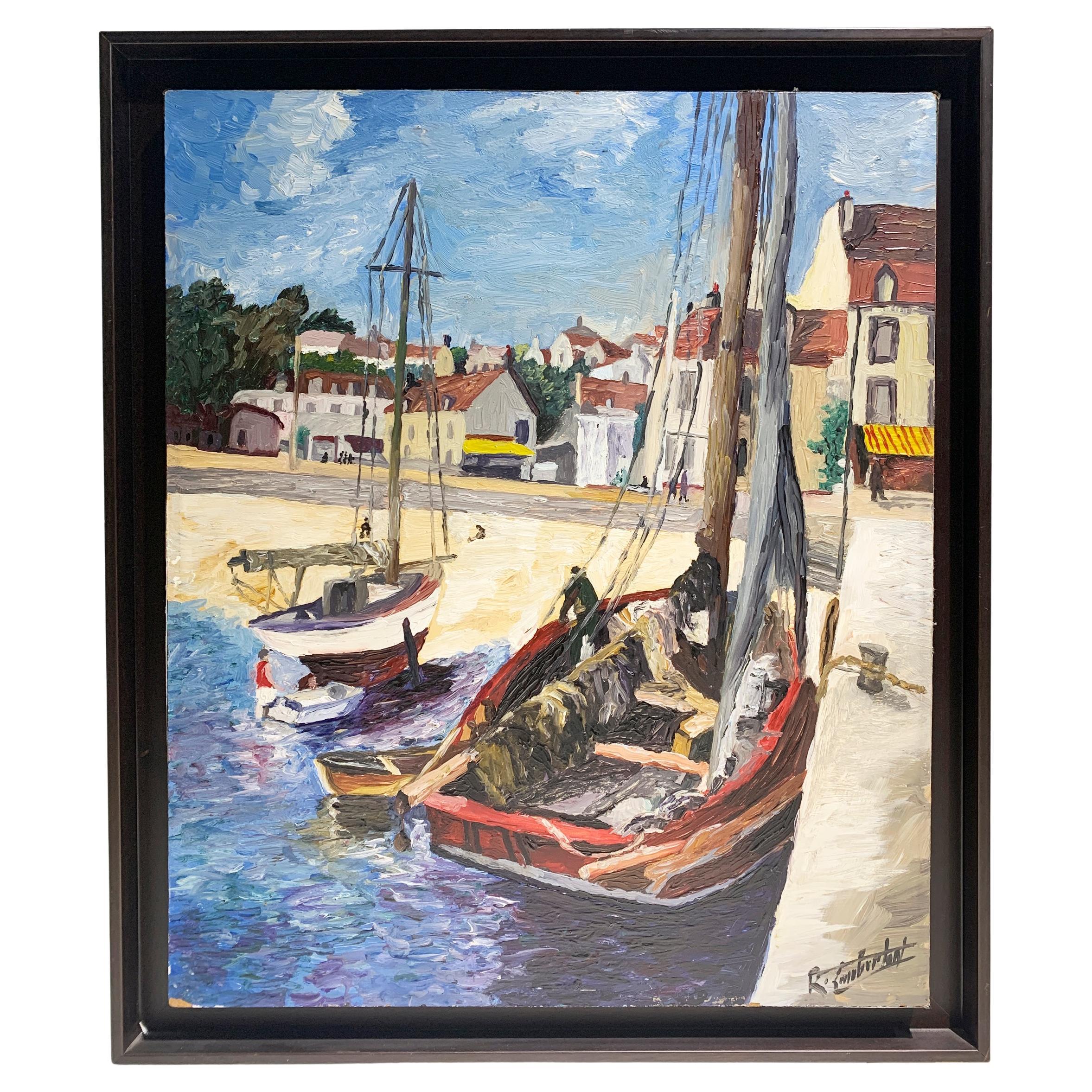 Quadro di scena portuale in stile impressionista francese della metà del XX secolo, firmato