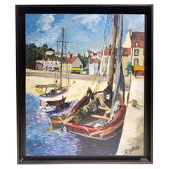 Tableau de scène de port de style impressionniste français du milieu du 20e siècle, signé