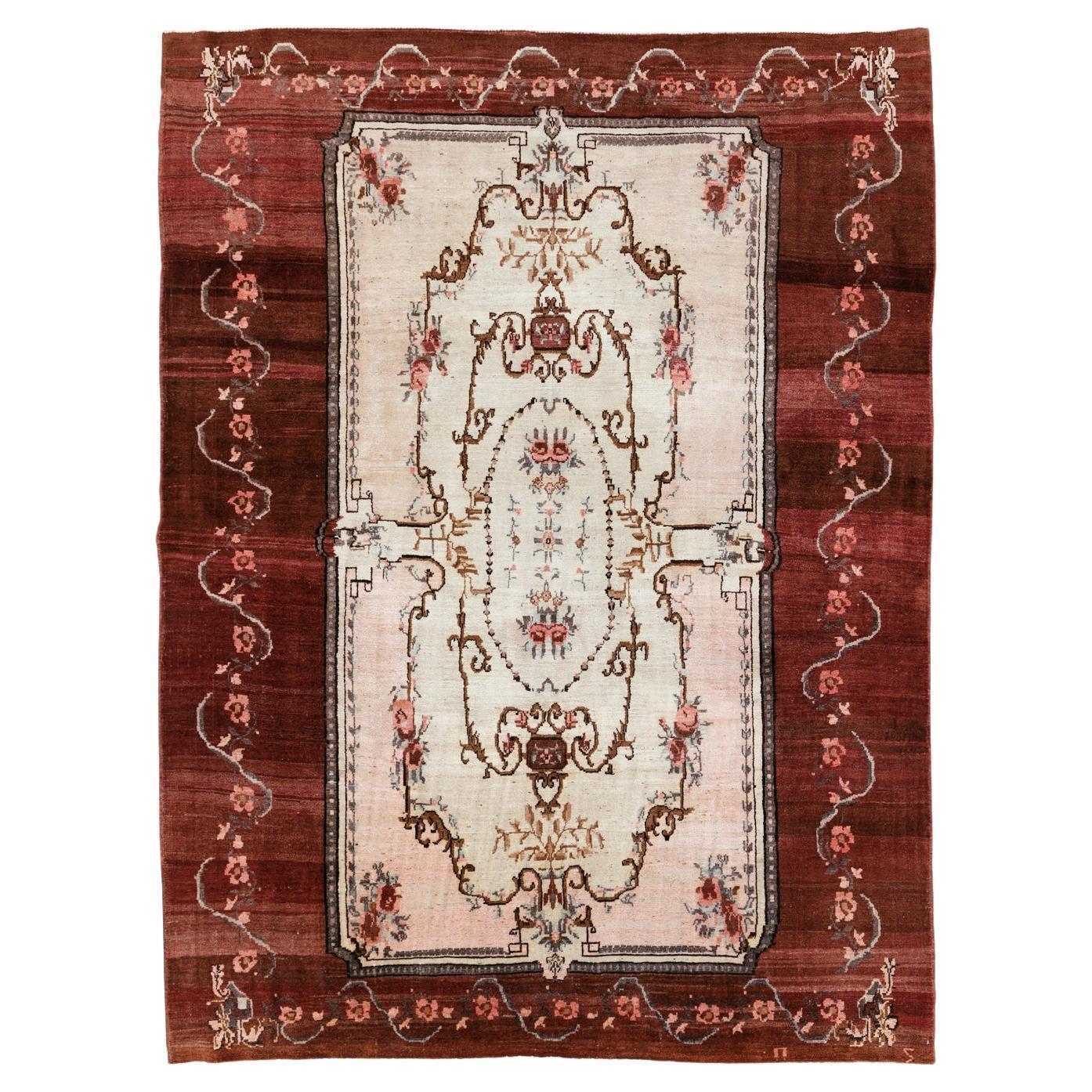 Alfombra de anatolia turca vintage de inspiración francesa de mediados del siglo XX en venta