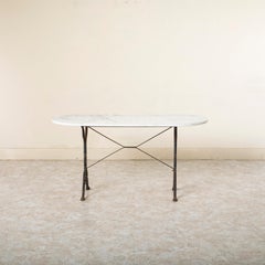 Mid 20th Century French Iron and Oval Marble Bistro Table, Cafe Table, 55" L