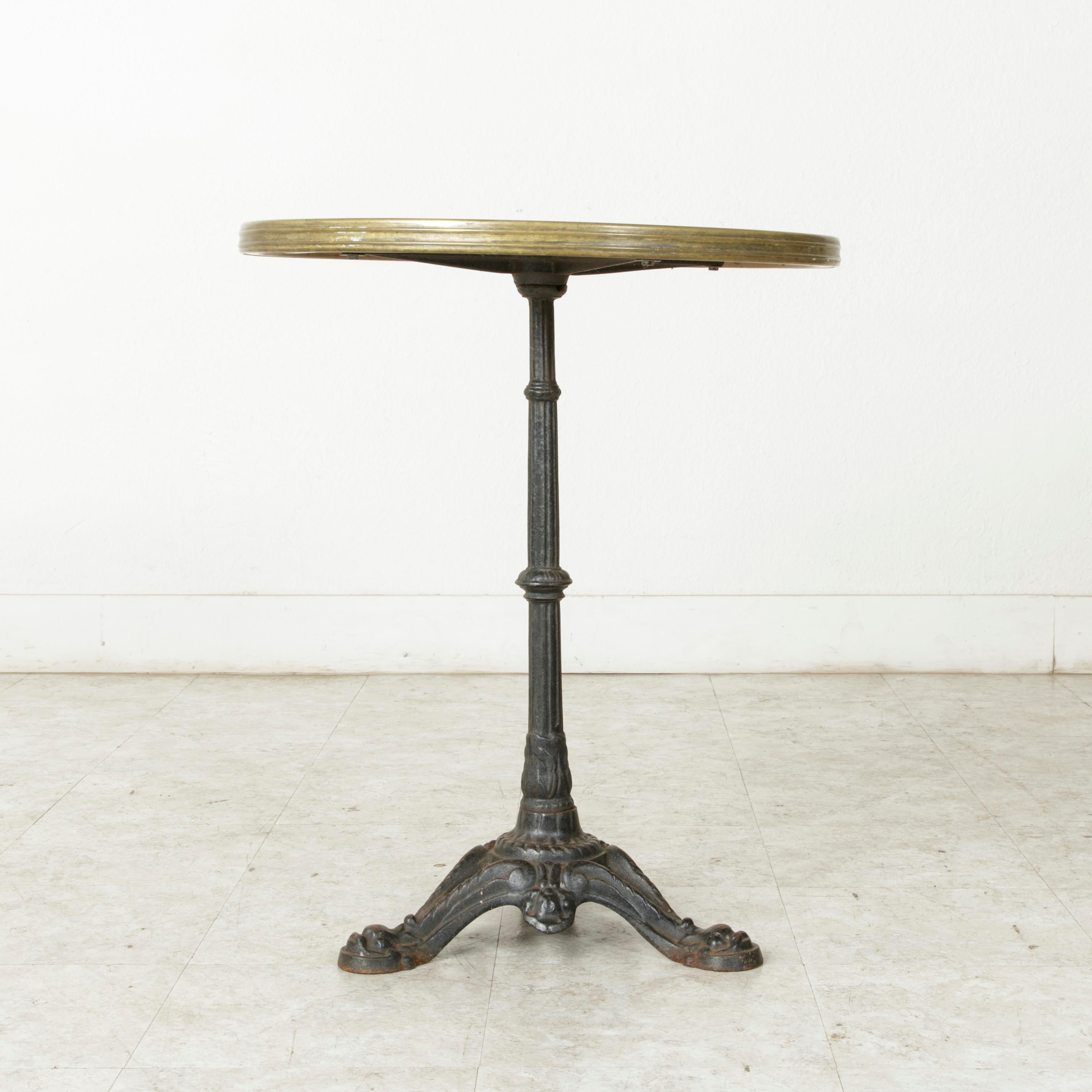 Cast Mid-20th Century French Iron Bistro Table with Faux Marble-Top and Brass Trim