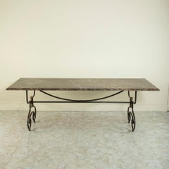 Mid-20th Century French Iron Dining Table, Outdoor Table with Marble Top