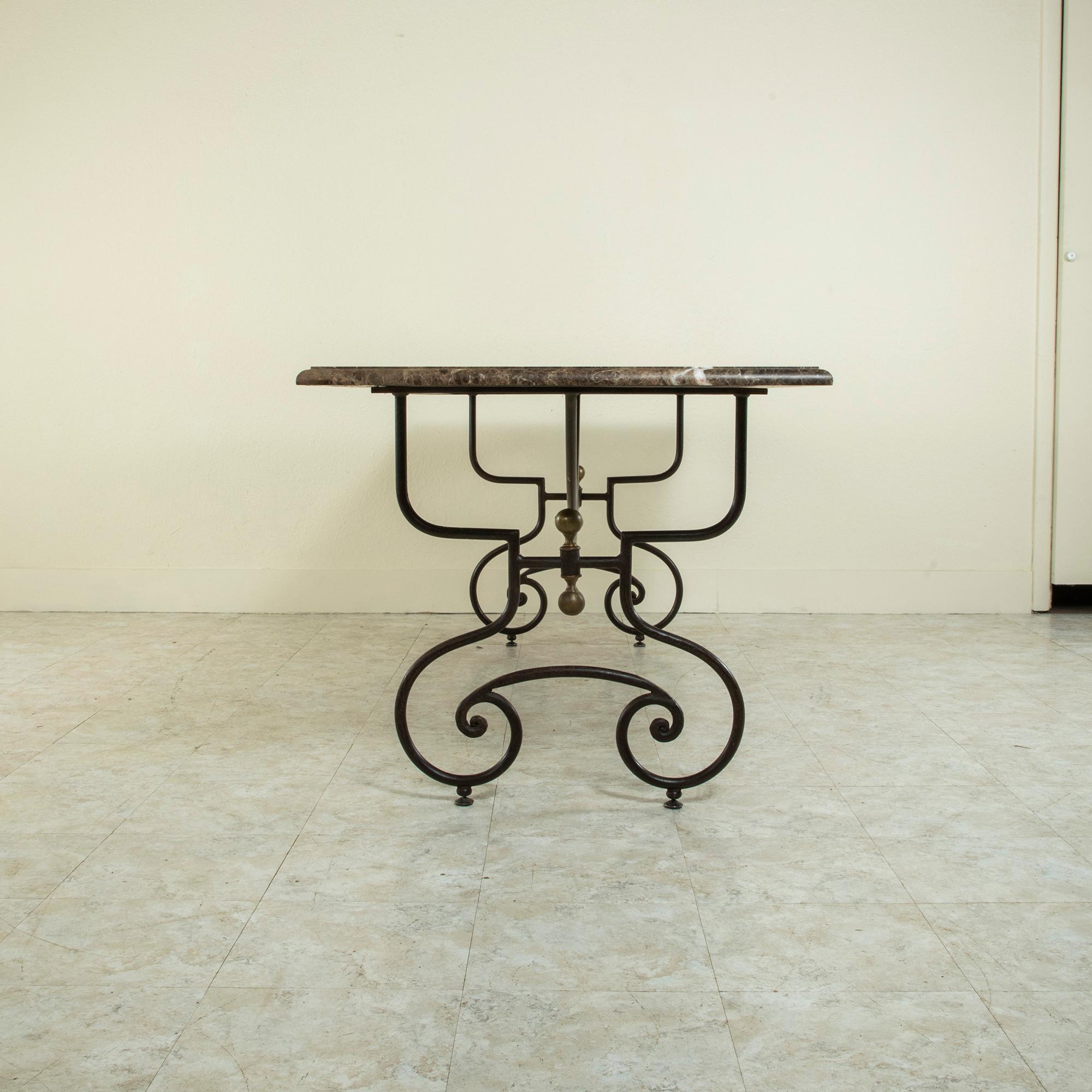 Mid-20th Century French Iron Dining Table, Outdoor Table with Marble Top 1