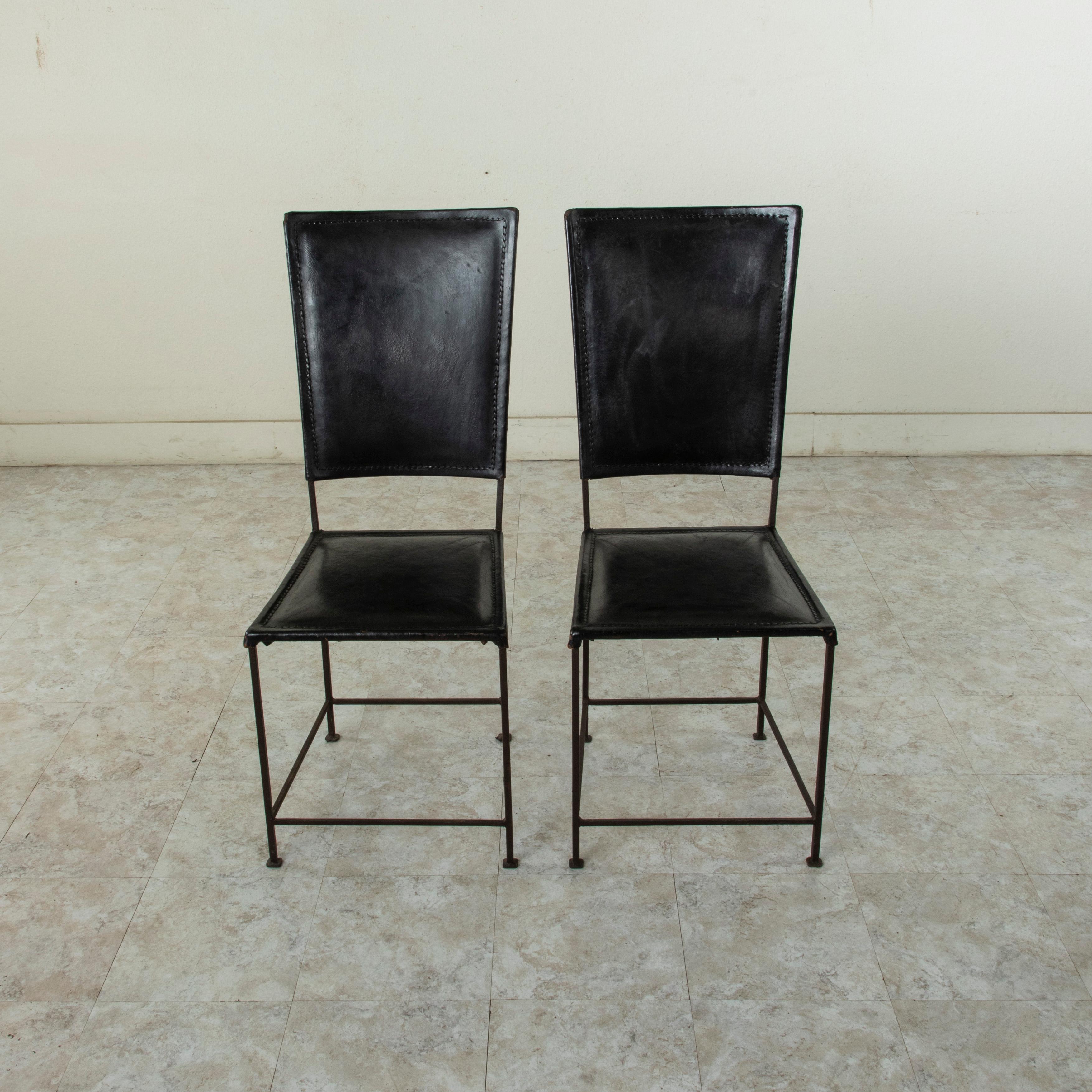 Mid-Century Modern Mid-20th Century French Iron Side Chairs With Leather Seats and Backs