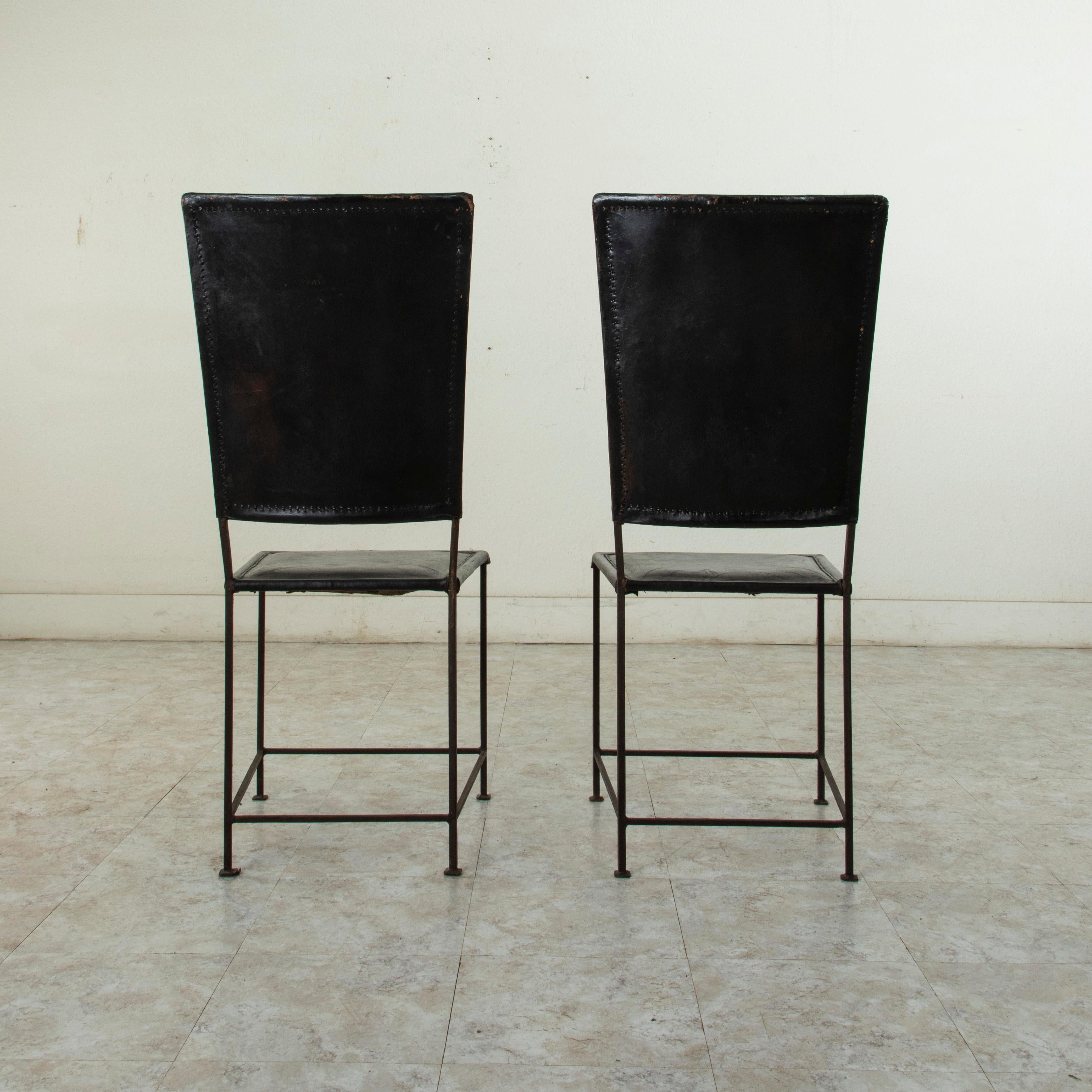 Mid-20th Century French Iron Side Chairs With Leather Seats and Backs 1