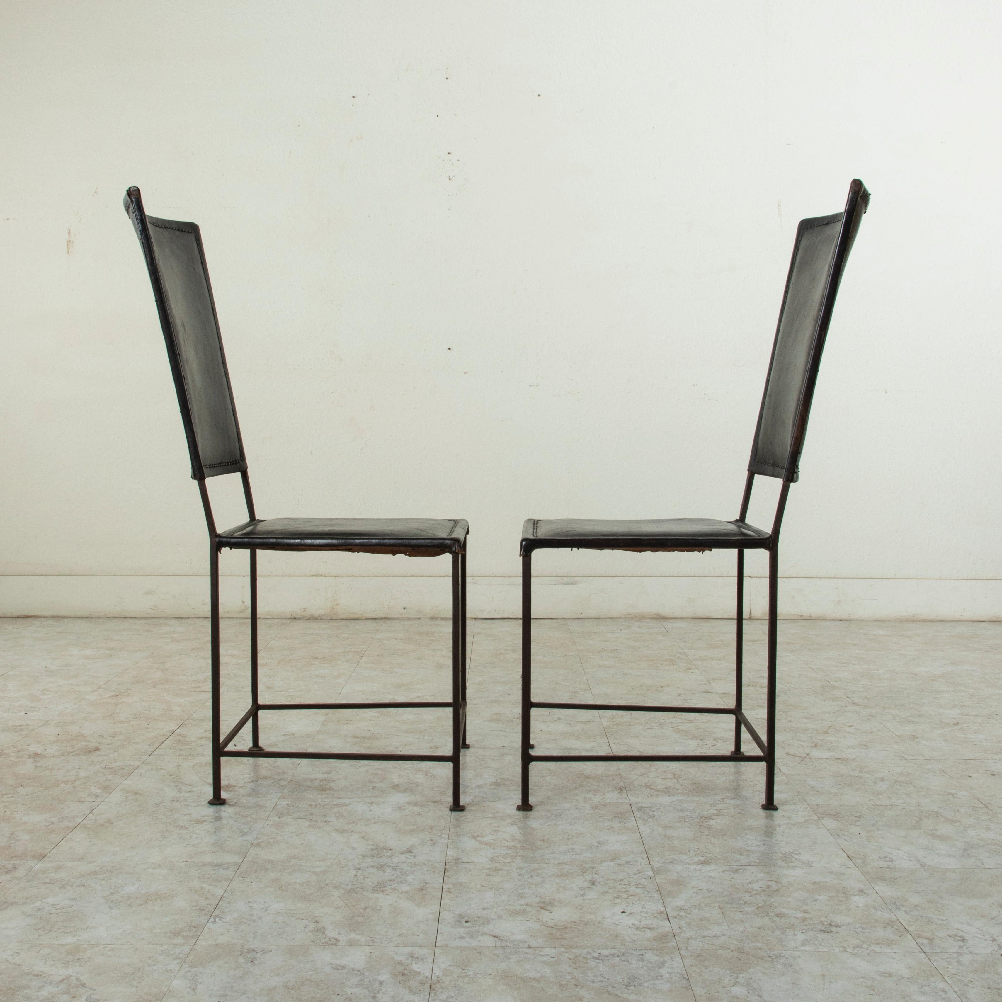 Mid-20th Century French Iron Side Chairs With Leather Seats and Backs 2
