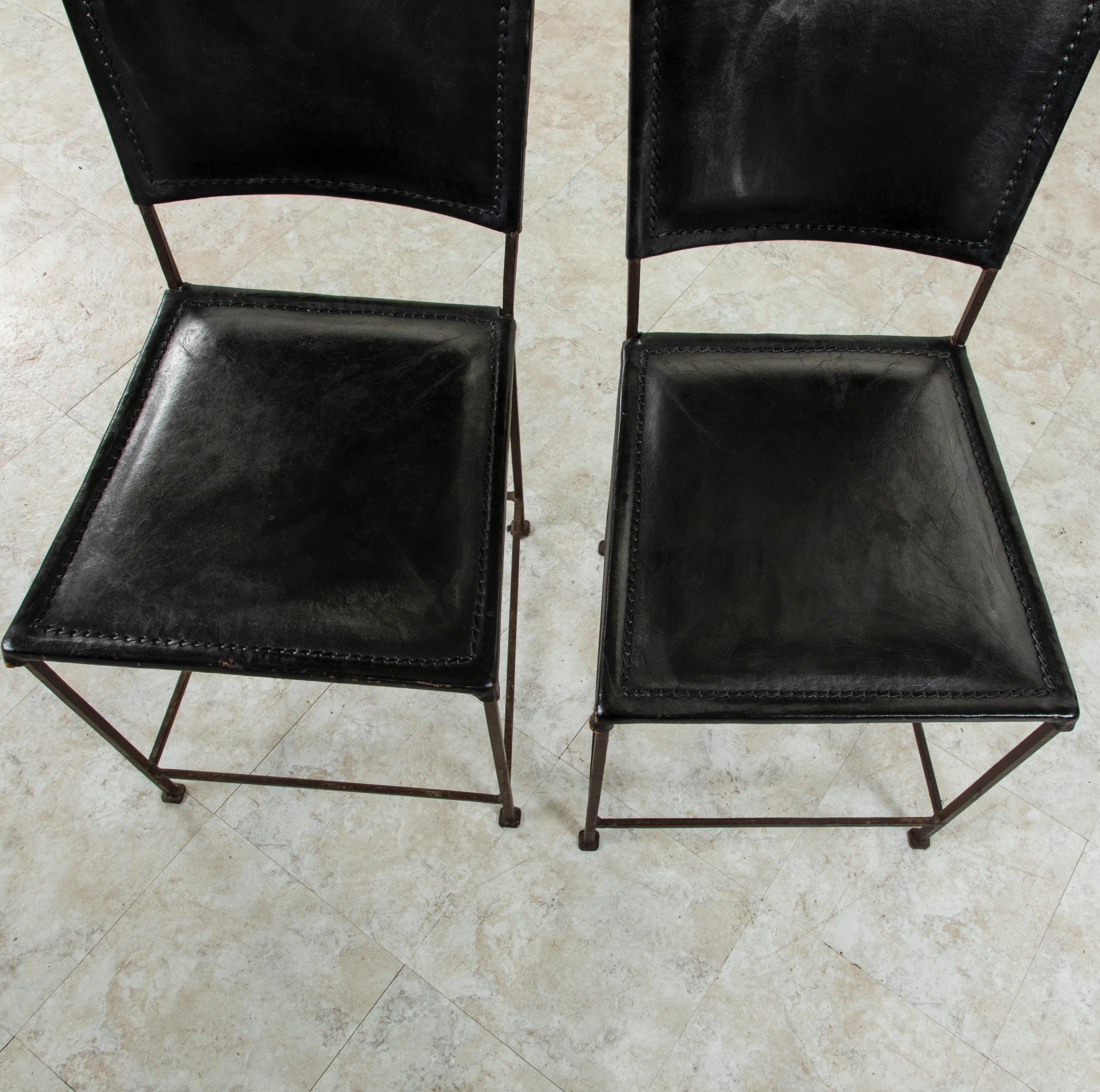 Mid-20th Century French Iron Side Chairs With Leather Seats and Backs 3