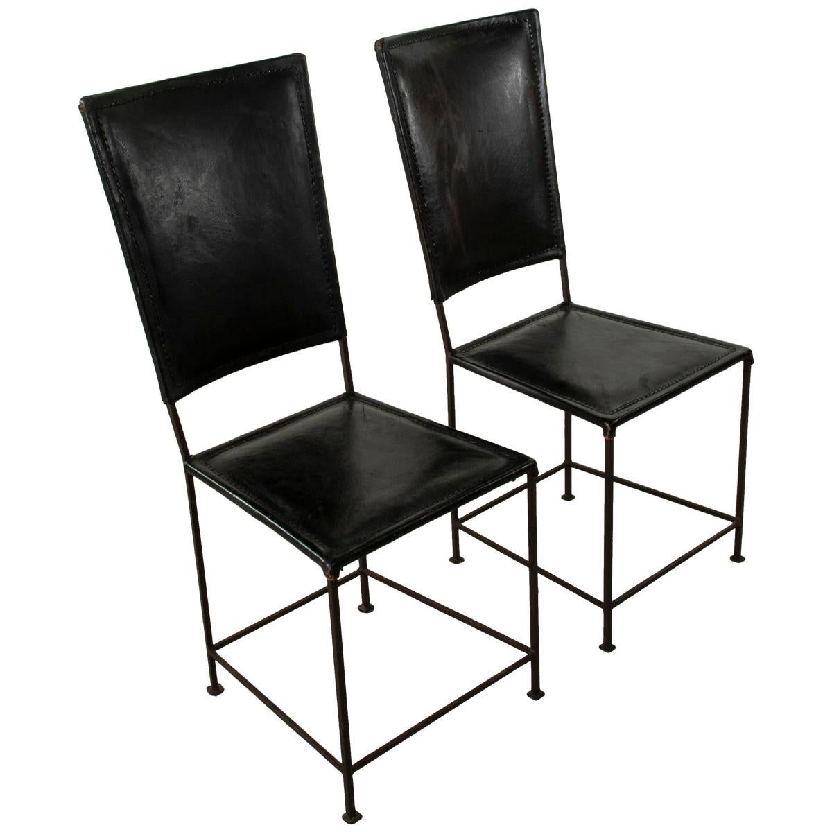 Mid-20th Century French Iron Side Chairs With Leather Seats and Backs