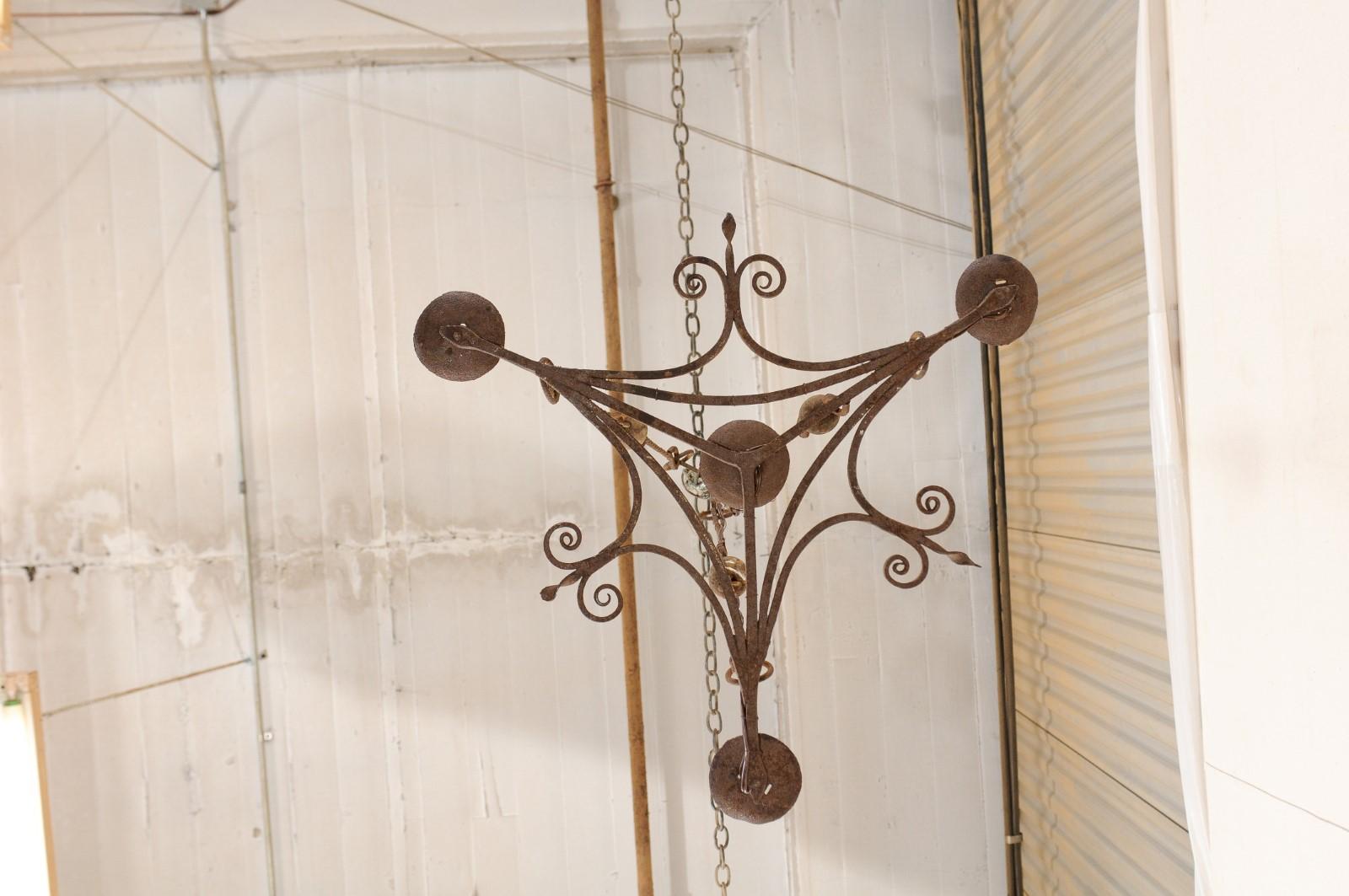 Mid-20th Century French Iron Triangular Chandelier For Sale 6