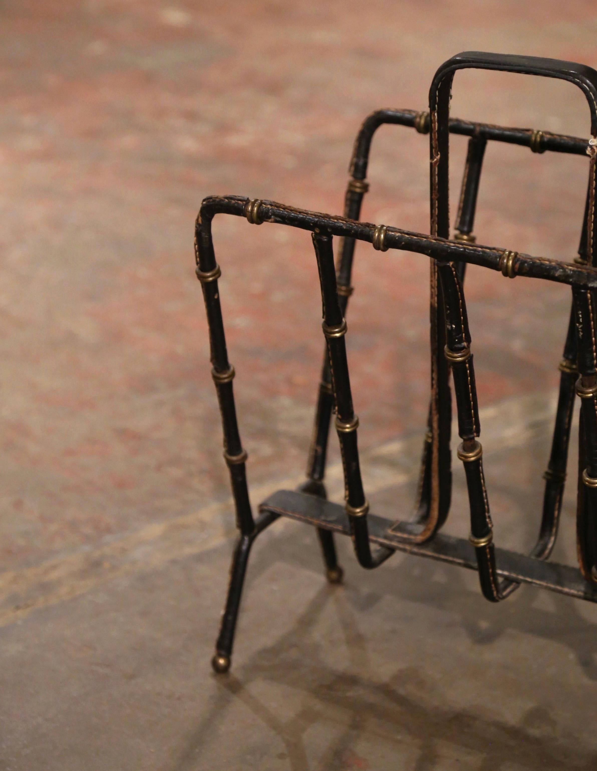 Mid-Century Modern Mid-20th Century French Leather Magazine Rack by Jacques Adnet For Sale