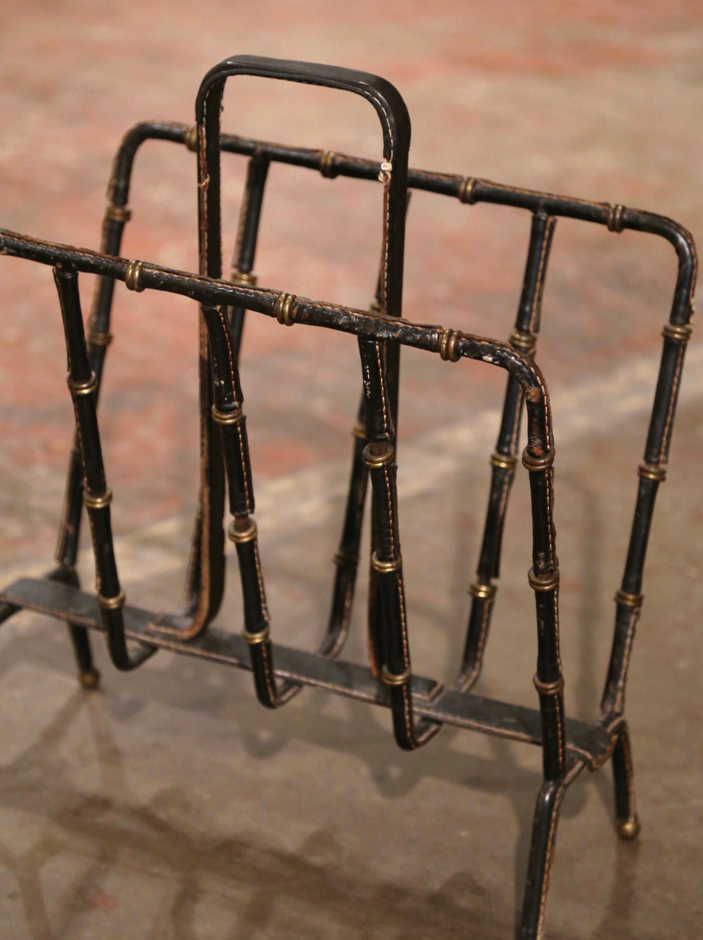Hand-Crafted Mid-20th Century French Leather Magazine Rack by Jacques Adnet For Sale