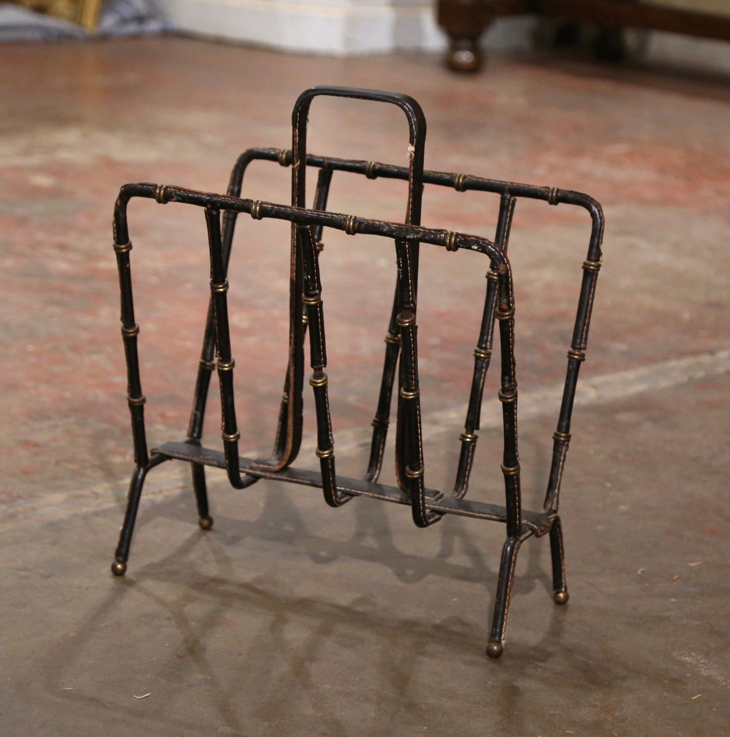 Mid-20th Century French Leather Magazine Rack by Jacques Adnet In Excellent Condition For Sale In Dallas, TX