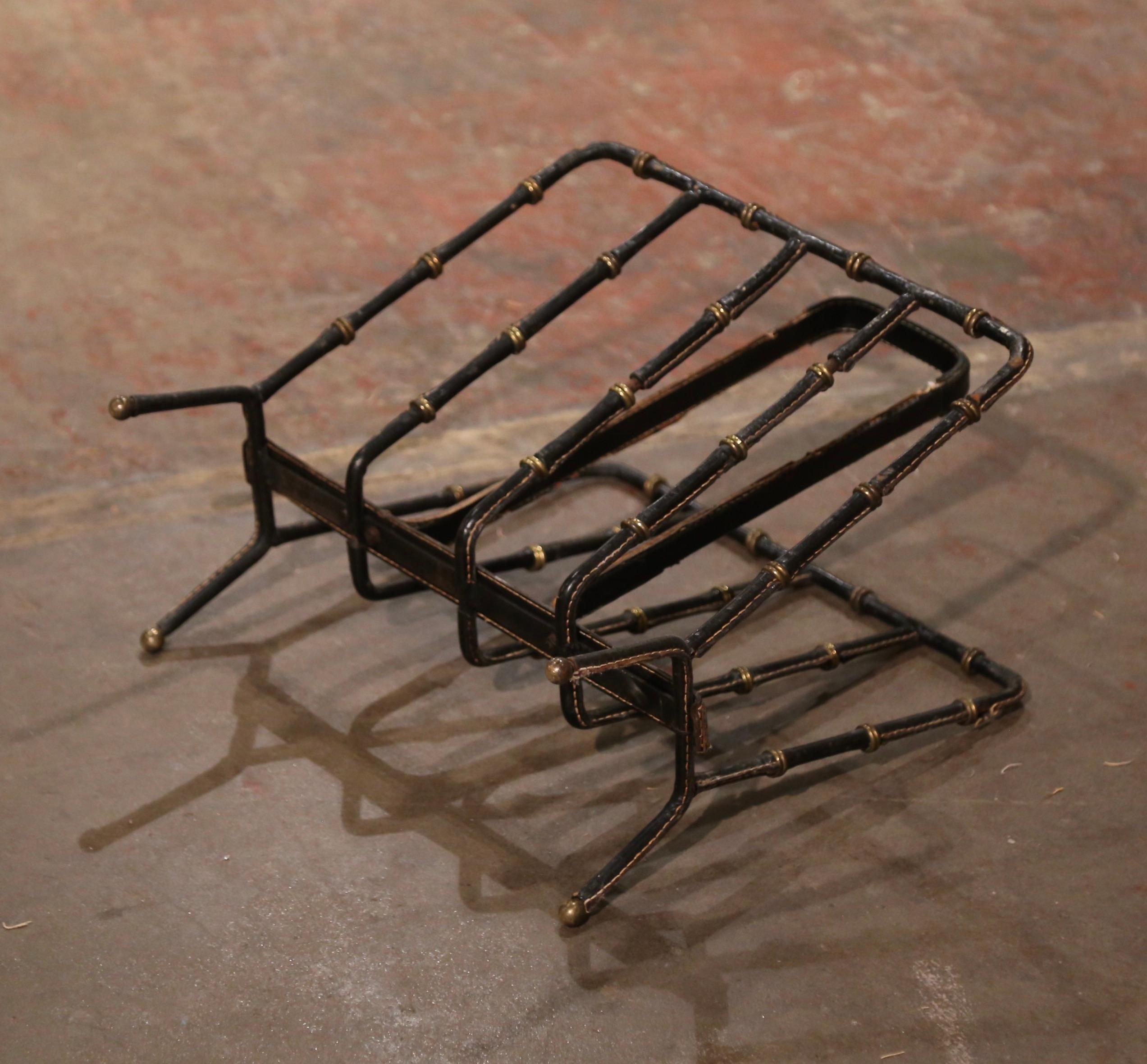 Mid-20th Century French Leather Magazine Rack by Jacques Adnet For Sale 4