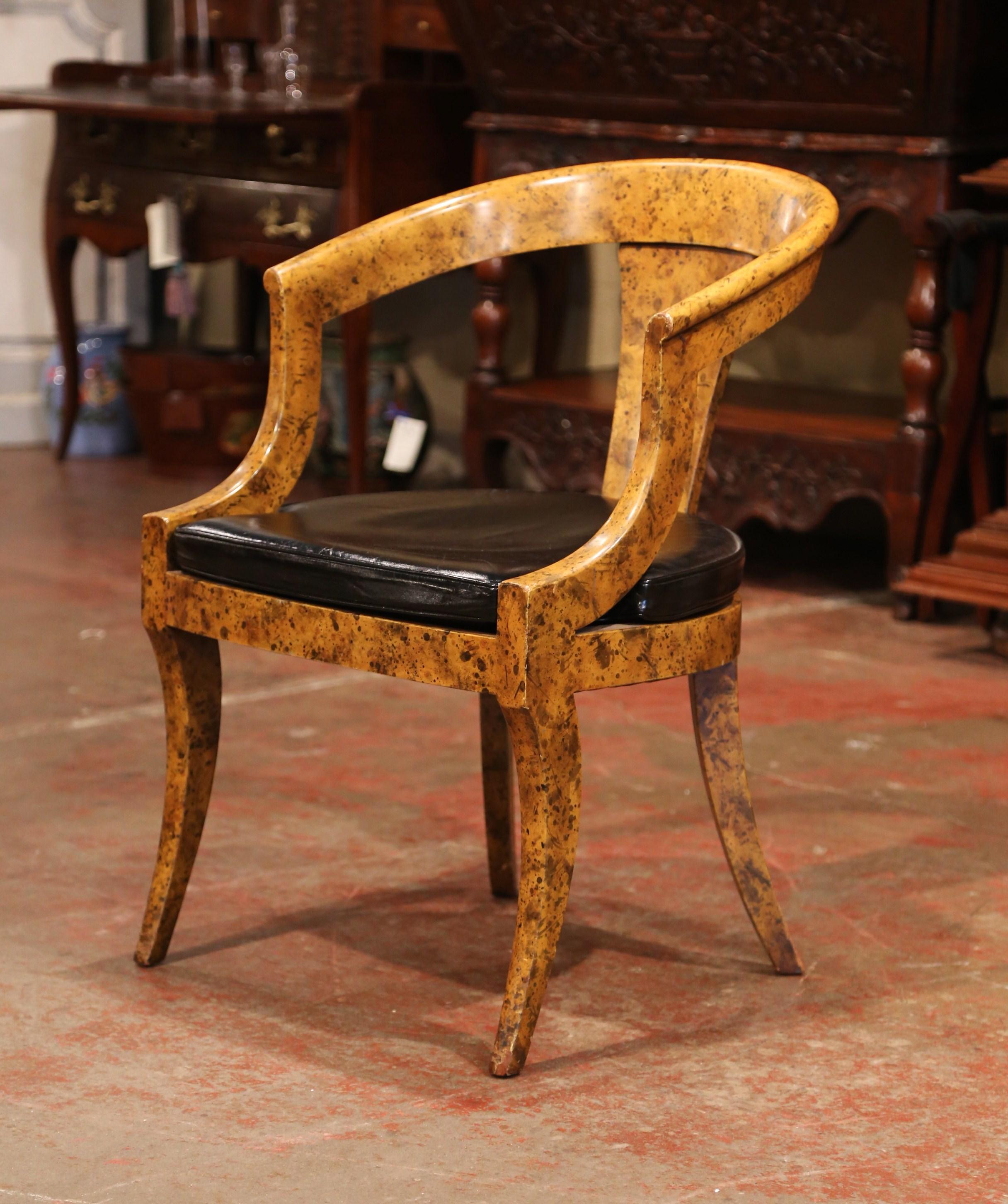 Hand-Carved Mid-20th Century French Directoire Carved Painted Desk Armchair with Leather